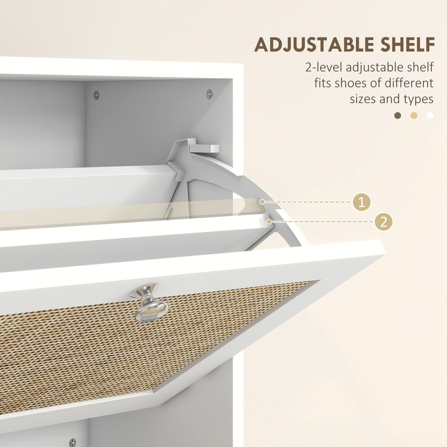Rattan Front Shoe Cabinet with 3 Flip Drawers for 18 Pairs, White