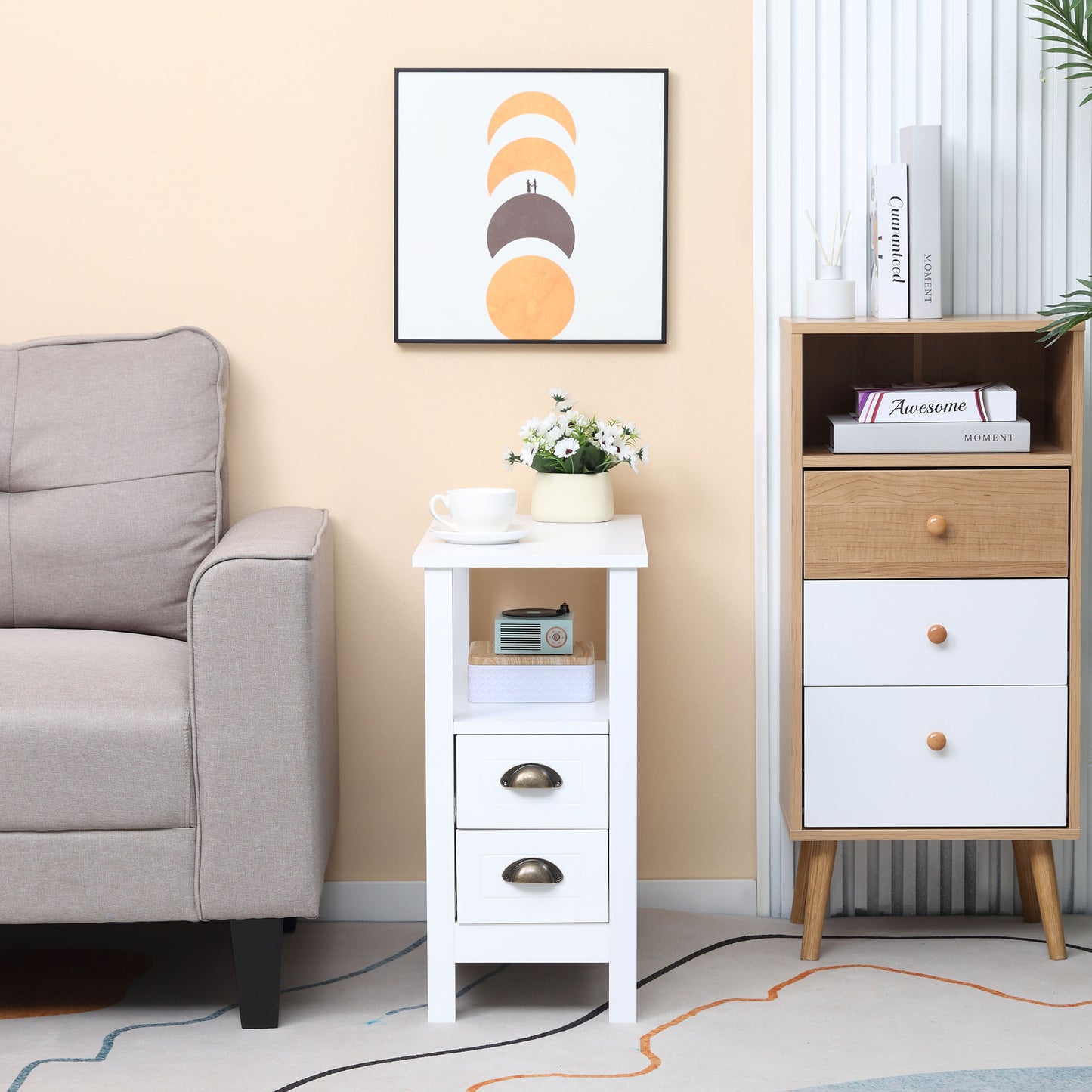 White Slim End Table with Drawers for Compact Spaces