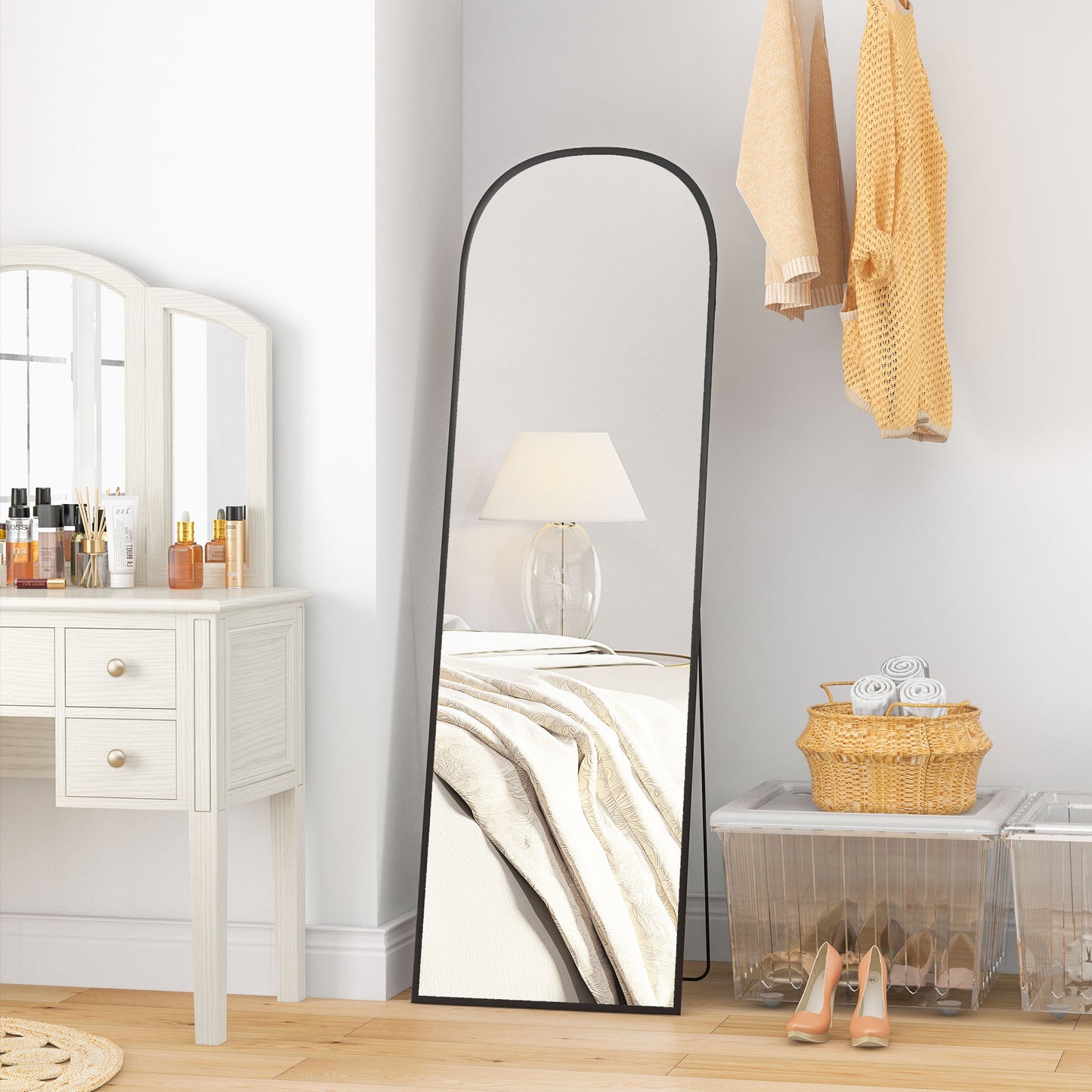 Arched Full Length Mirror with Black Frame, 64" x 20", Versatile Standing or Wall Mount