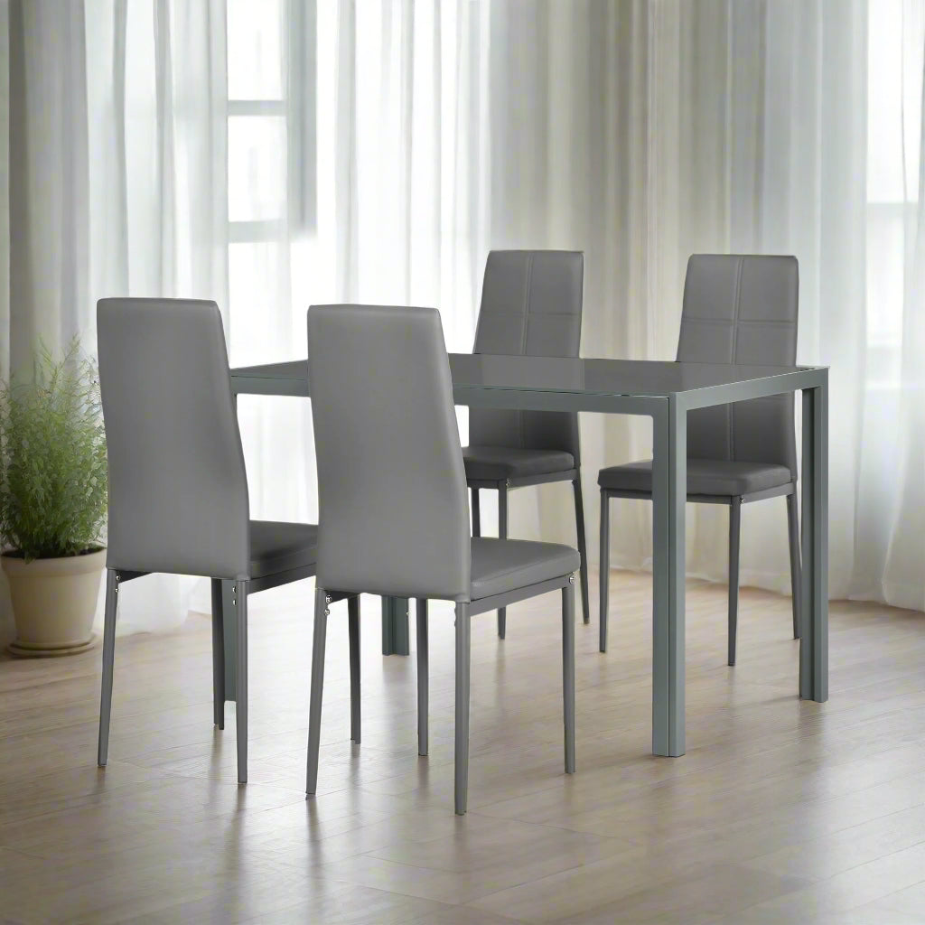 5-Piece Grey Glass Dining Table Set with Faux Leather Chairs