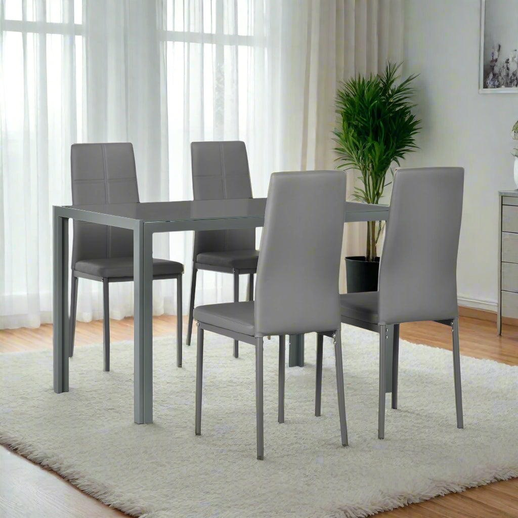 5-Piece Grey Glass Dining Table Set with Faux Leather Chairs