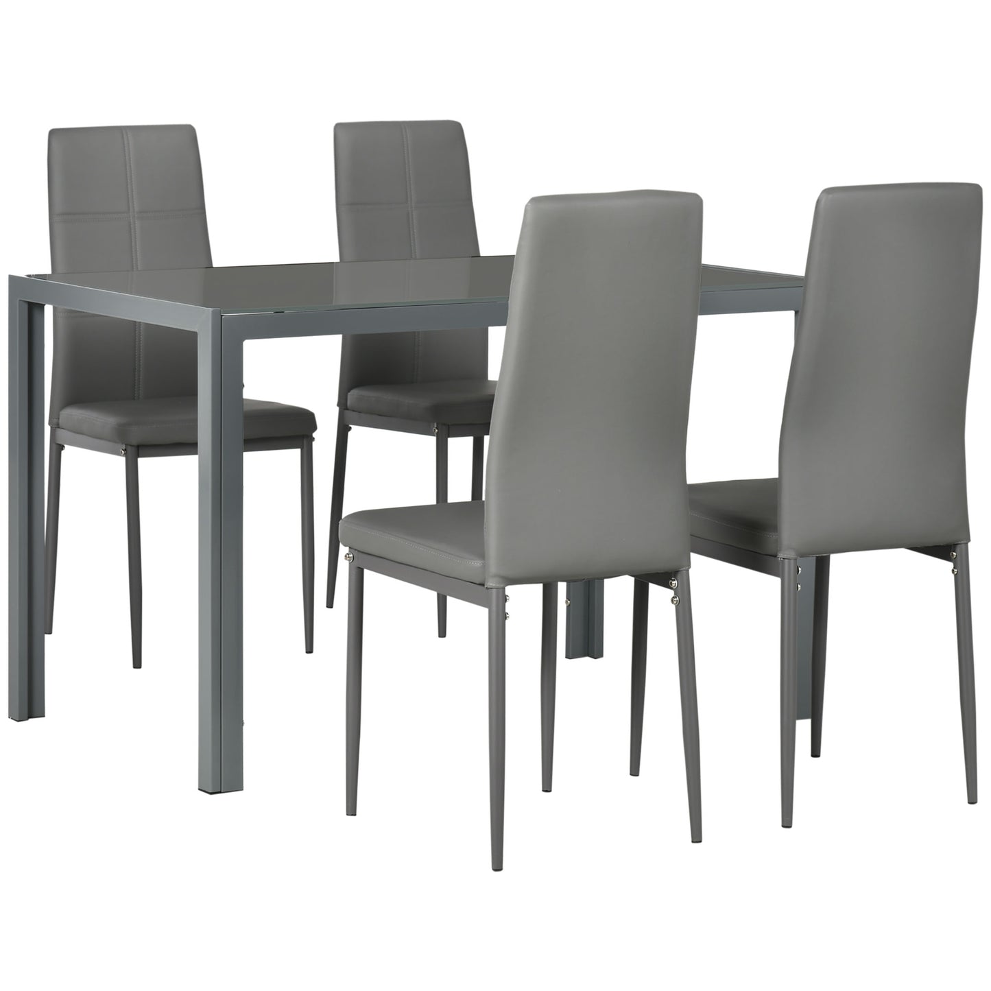 5-Piece Grey Glass Dining Table Set with Faux Leather Chairs