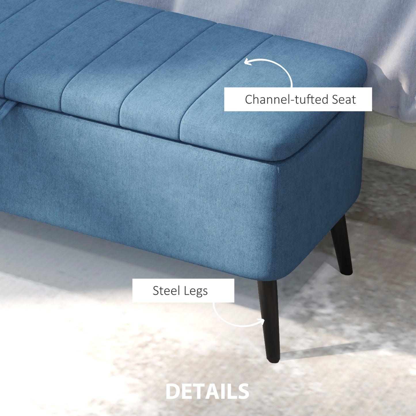 40" Linen Storage Ottoman Bench with Steel Legs, Dark Blue