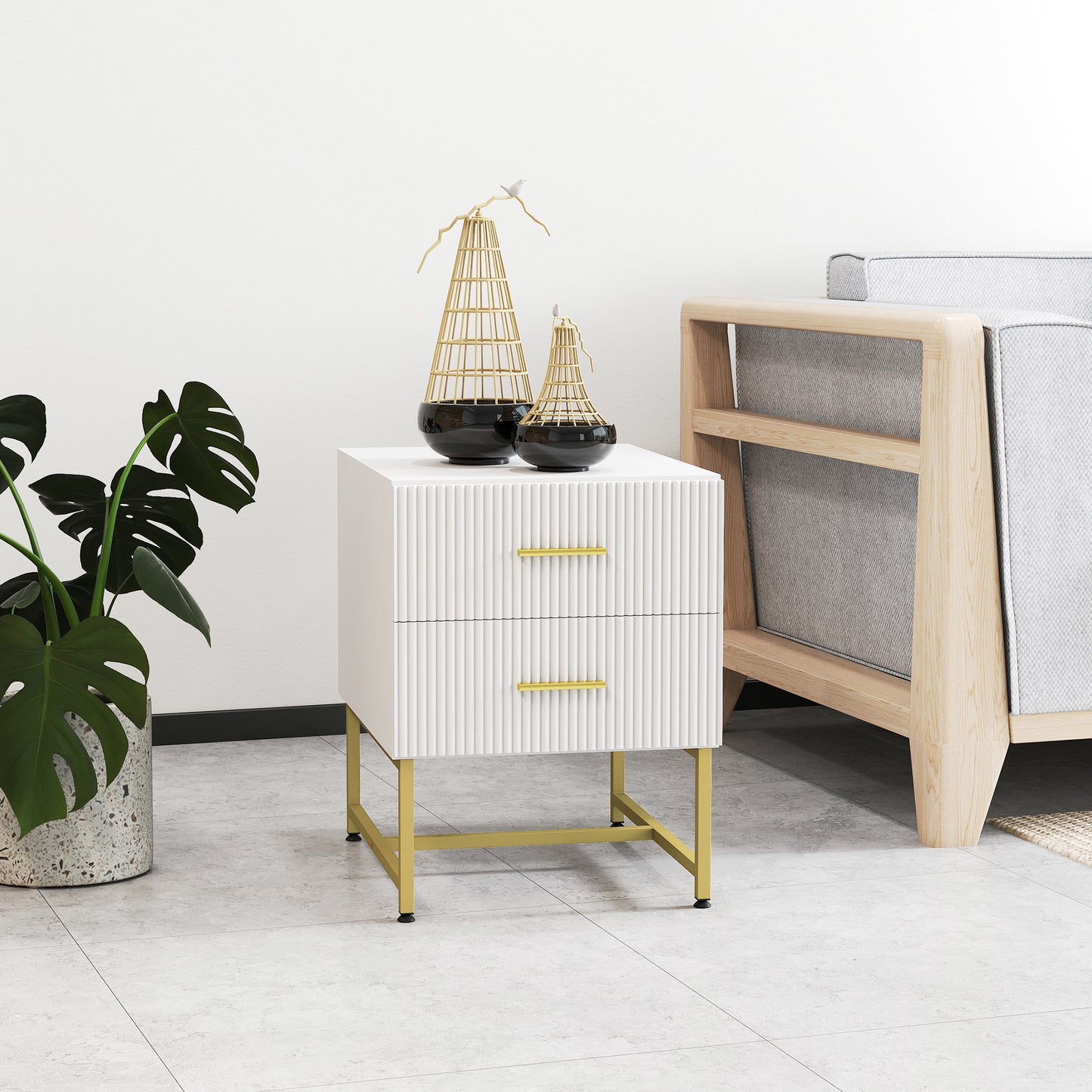 Modern Fluted Nightstands with Gold Legs and 2 Drawers, White (Set of 2)