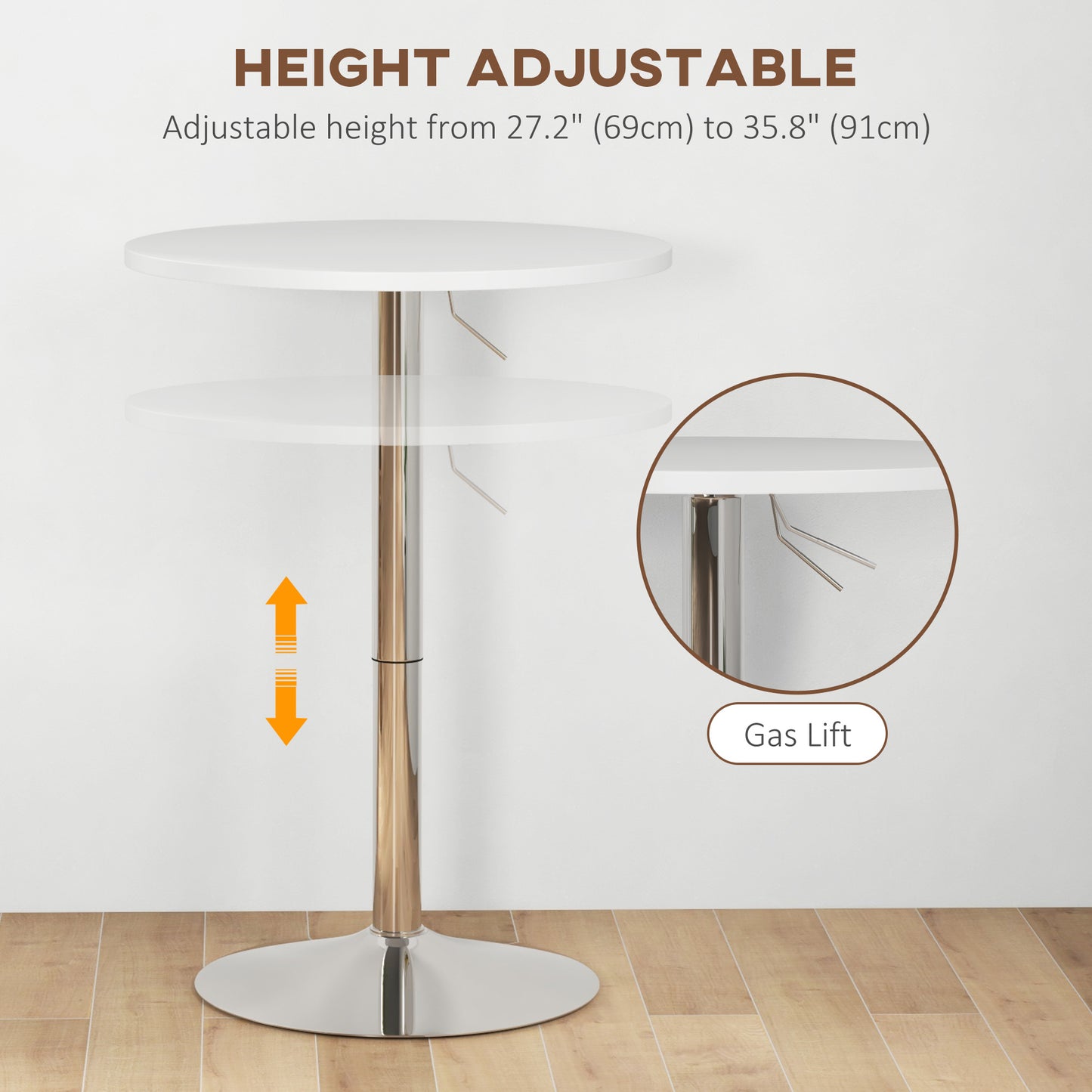 Adjustable Height Bar Table with 360° Swivel Top for 2 People, White