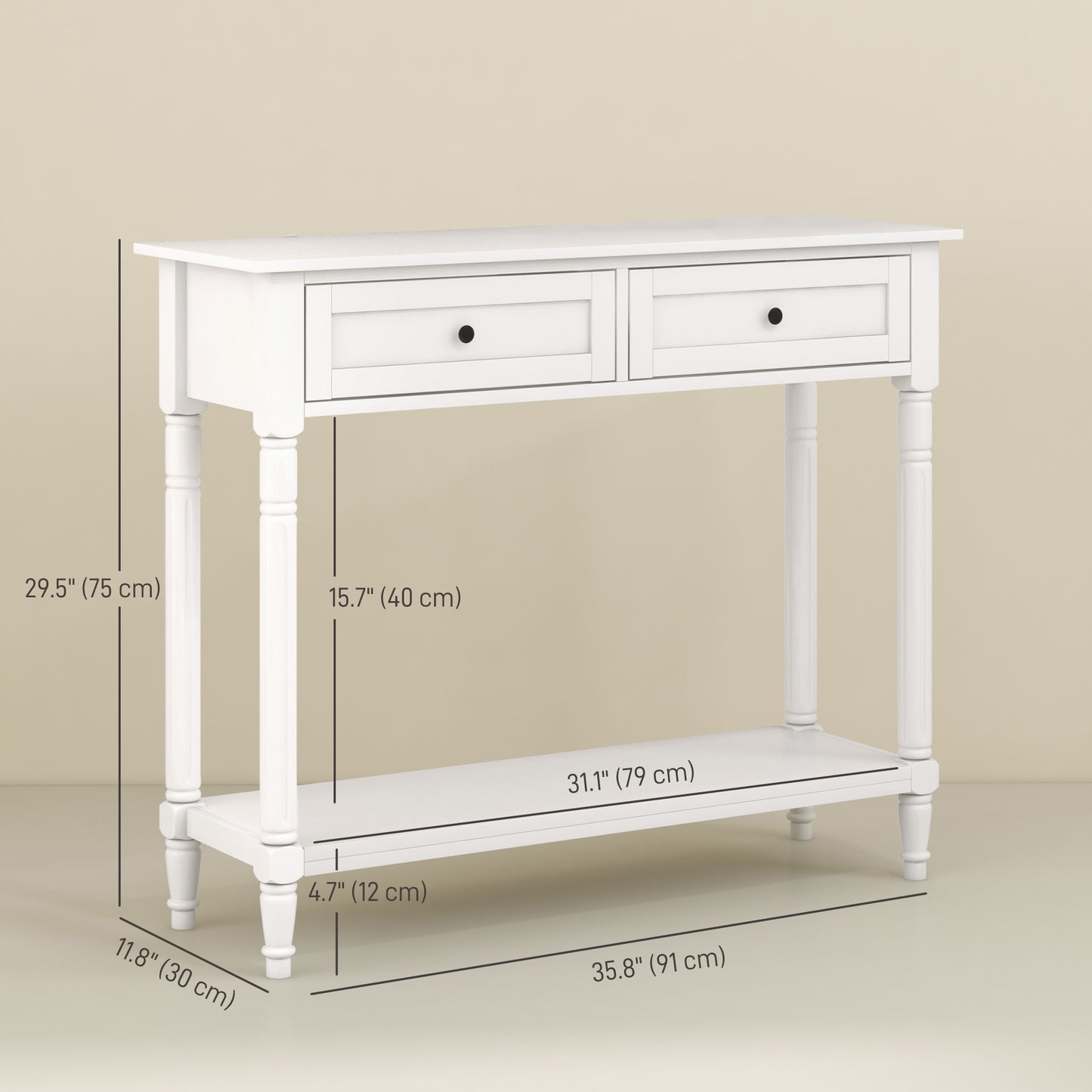 36" Console Table with Classic Turned Legs and Storage, White
