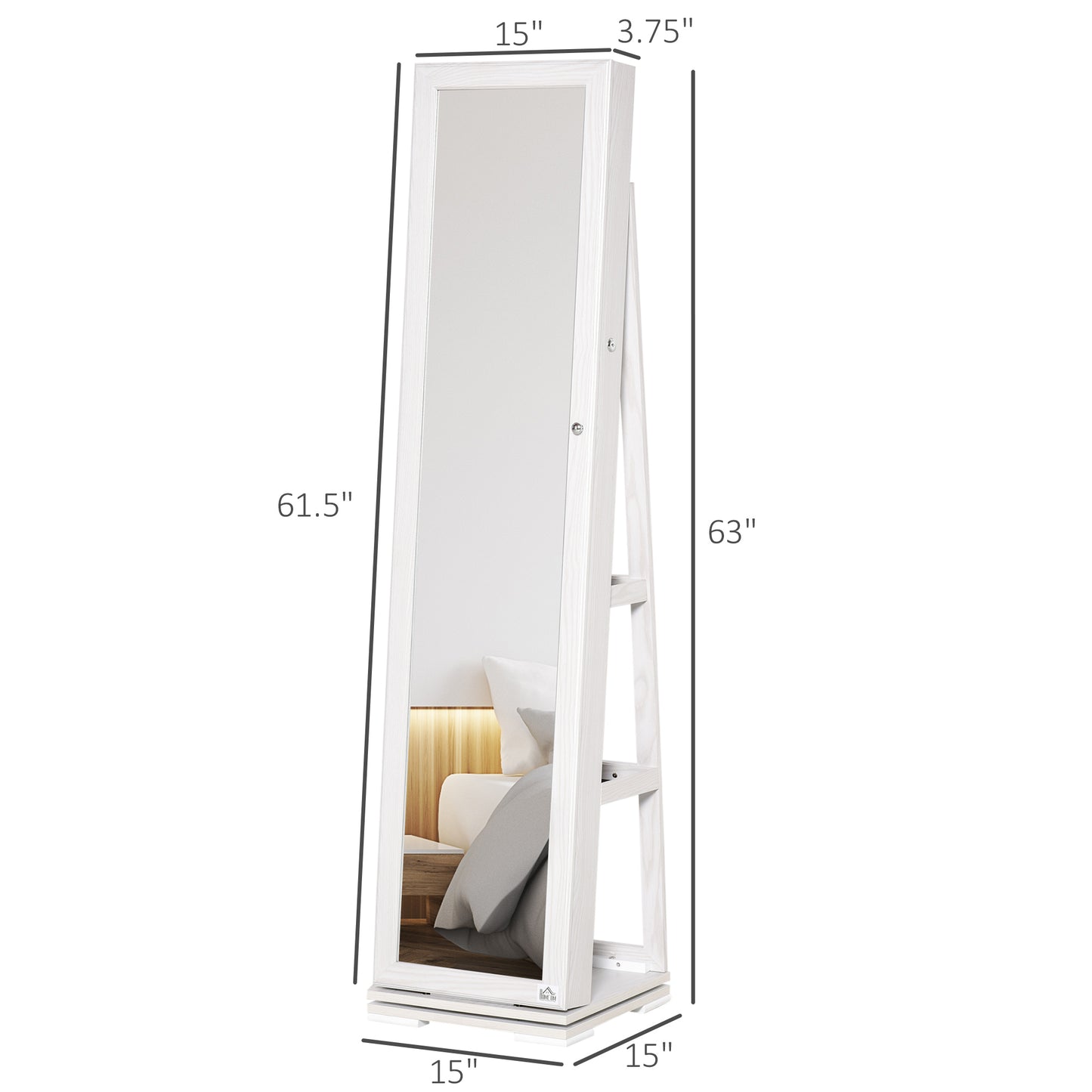 360° Swivel Jewelry Armoire with Lockable Mirror Cabinet, White