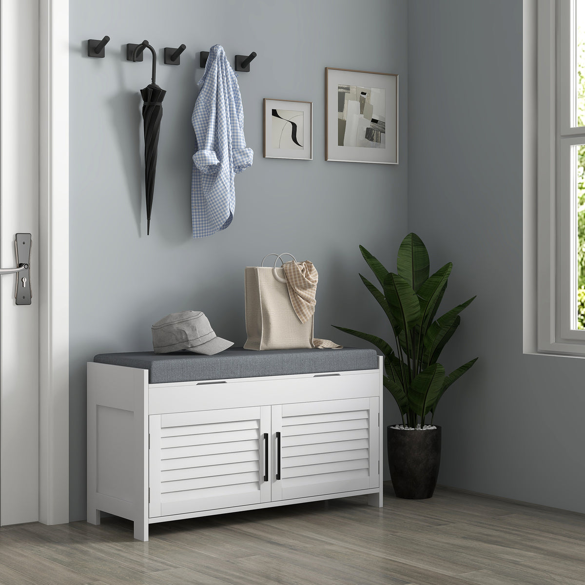 Shoe Storage Bench with Hidden Storage and Shutter Doors, White