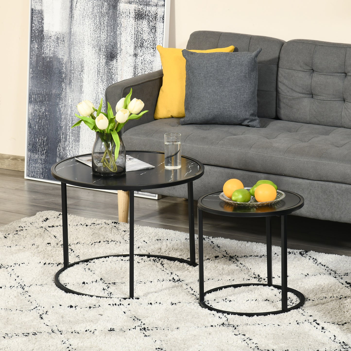 Black Round Nesting Coffee Tables with Faux Marble Top