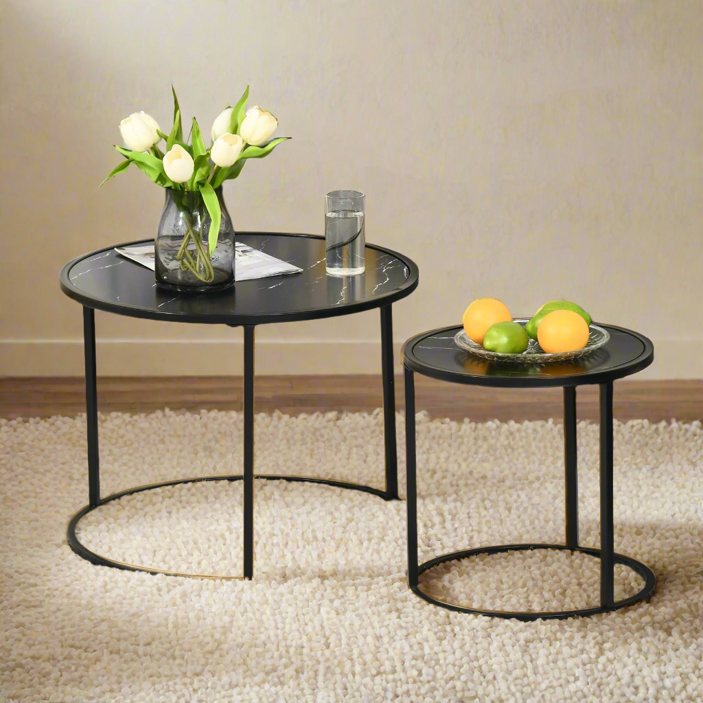 Black Round Nesting Coffee Tables with Faux Marble Top