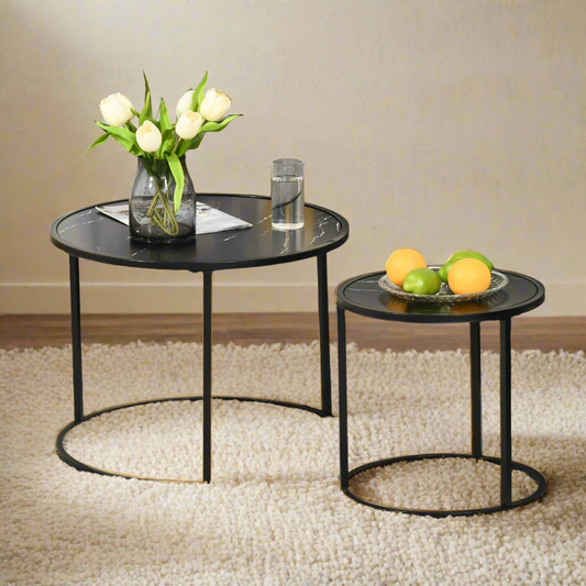 Black Round Nesting Coffee Tables with Faux Marble Top