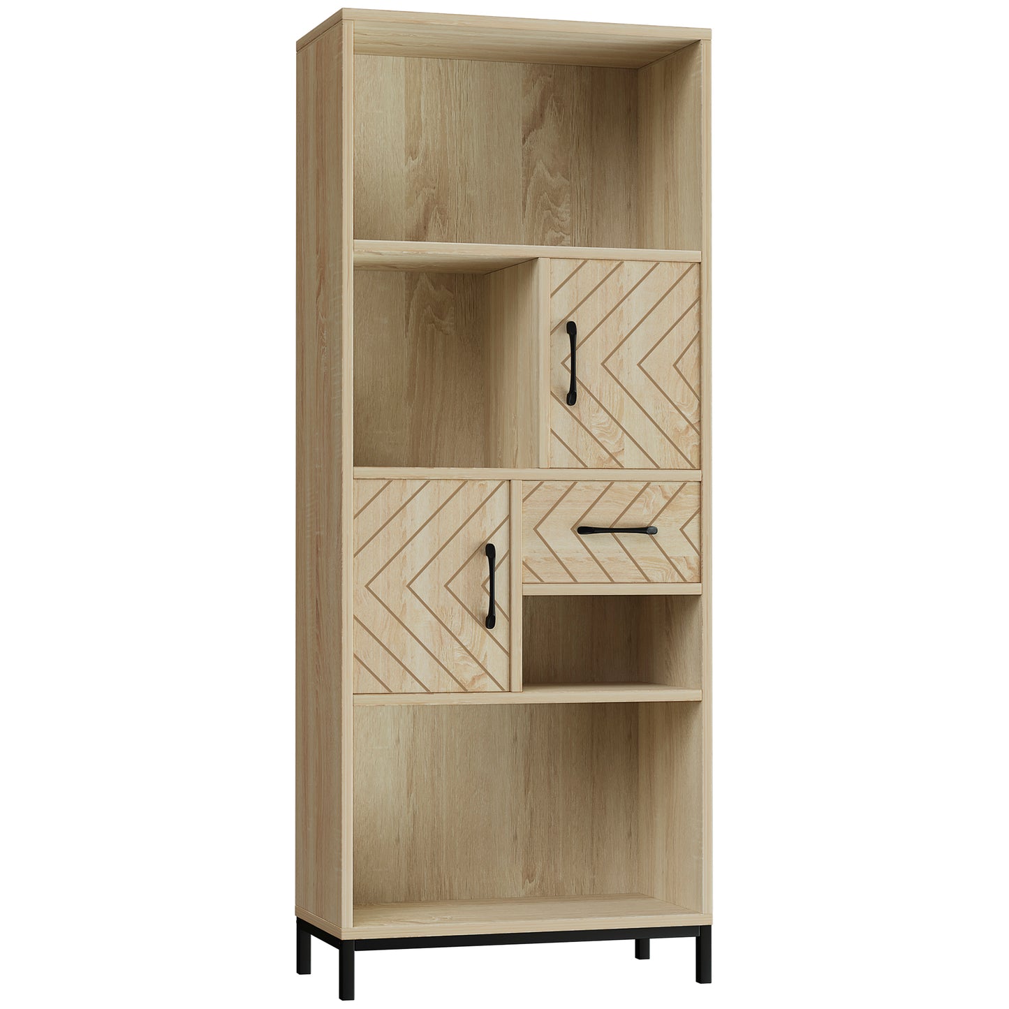 59" Storage Bookcase with Cabinets and Drawer, Natural Wood