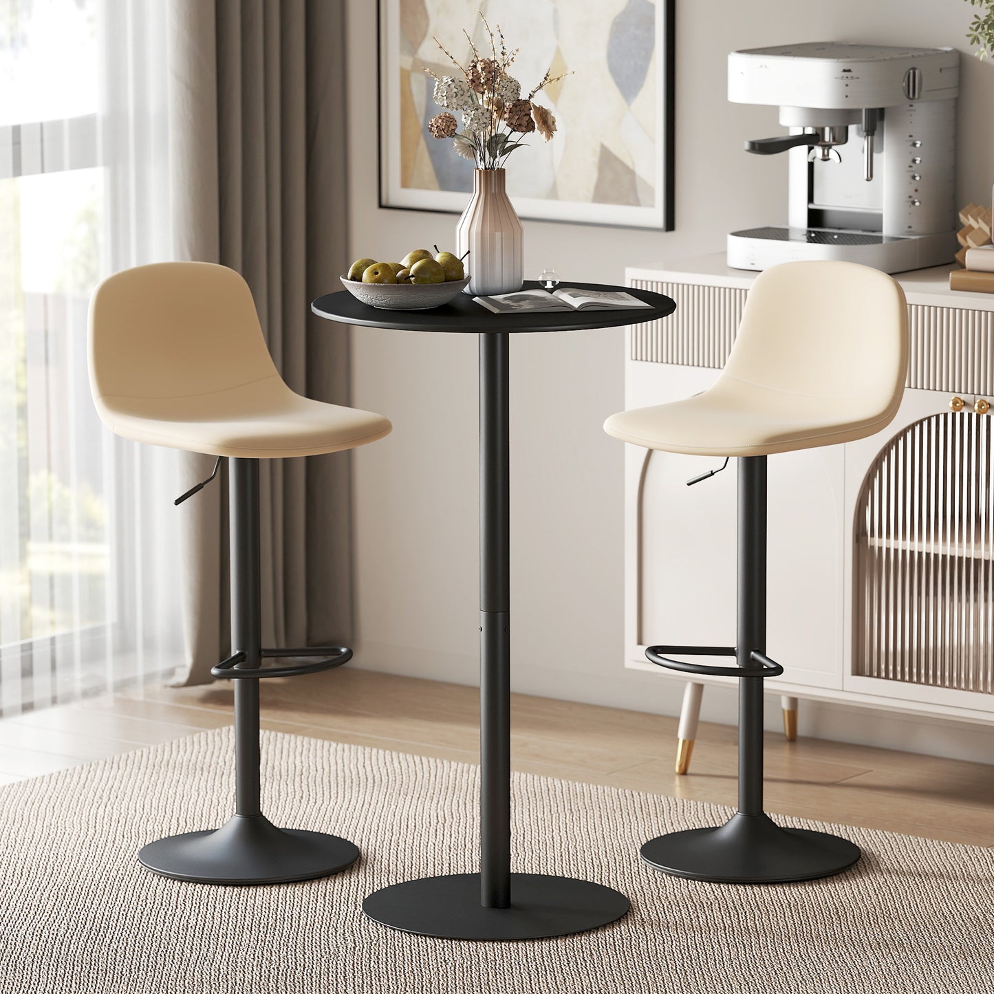 Round Bar Table with Steel Frame for 2 People, Indoor/Outdoor Use, Black
