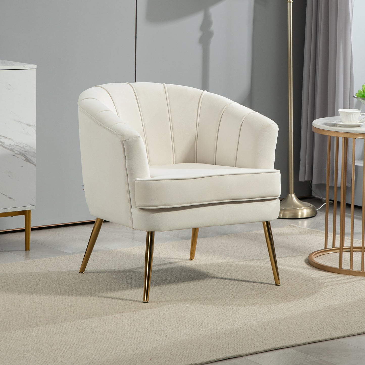 Channel-Tufted Tub Armchair with Upholstery and Gold Legs, Cream