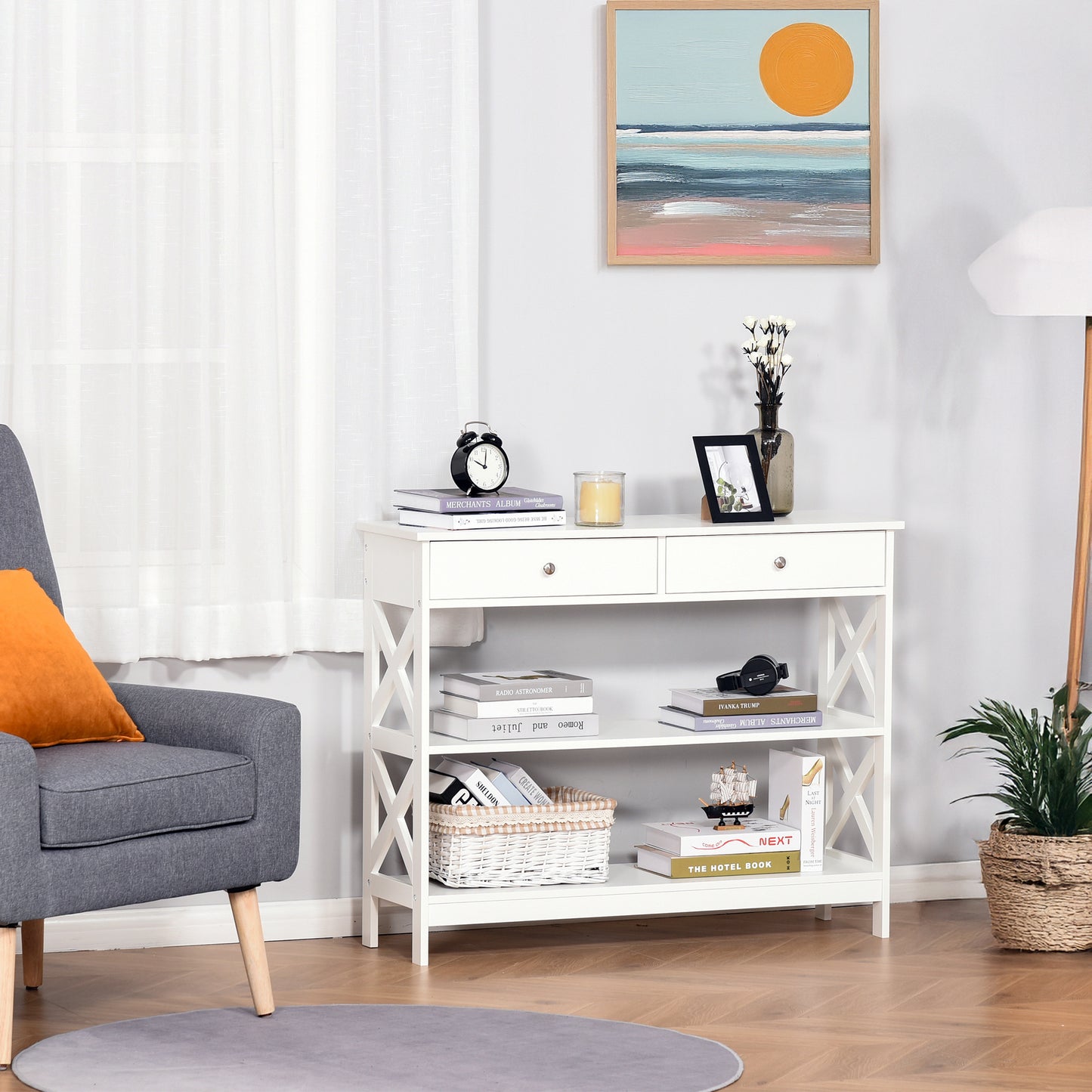 39" Console Table with X-Frame Design and Storage Drawers, White