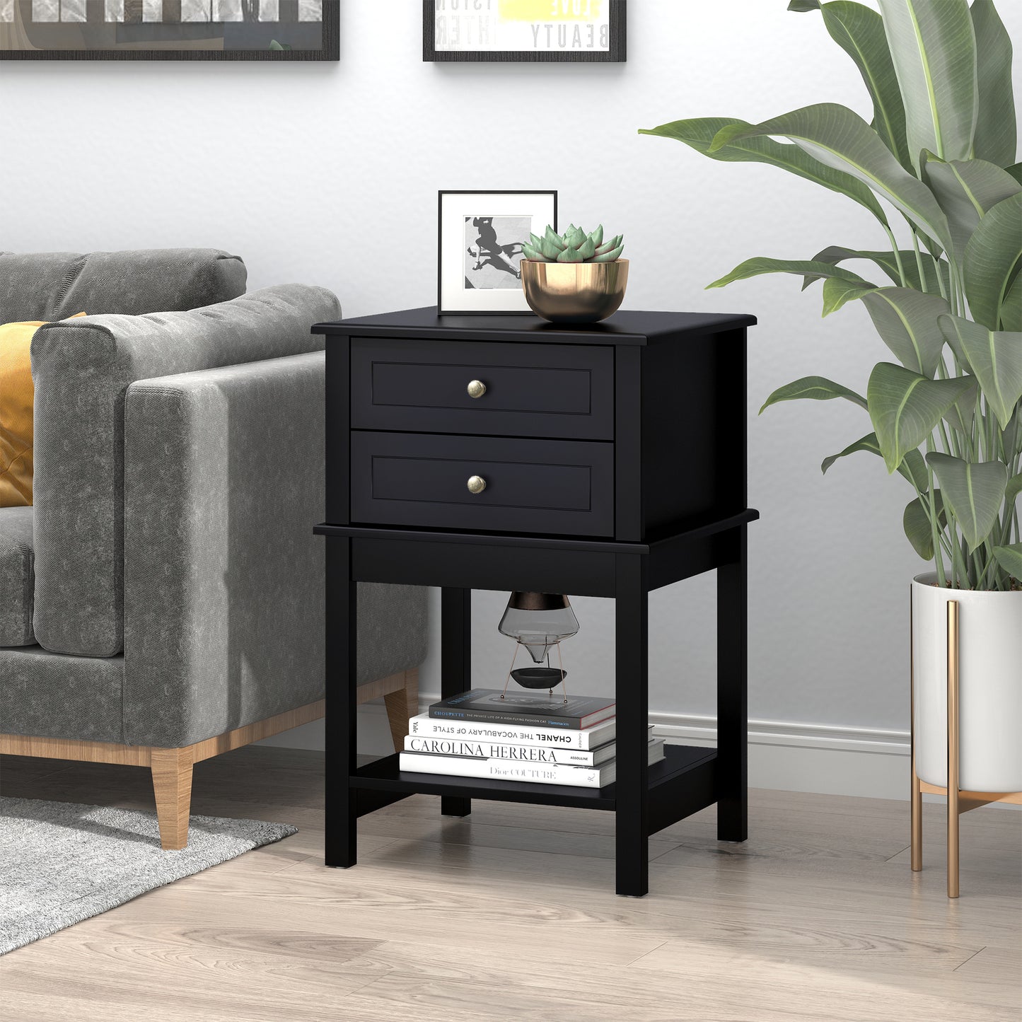 Black Modern End Table with Drawers and Storage Shelf
