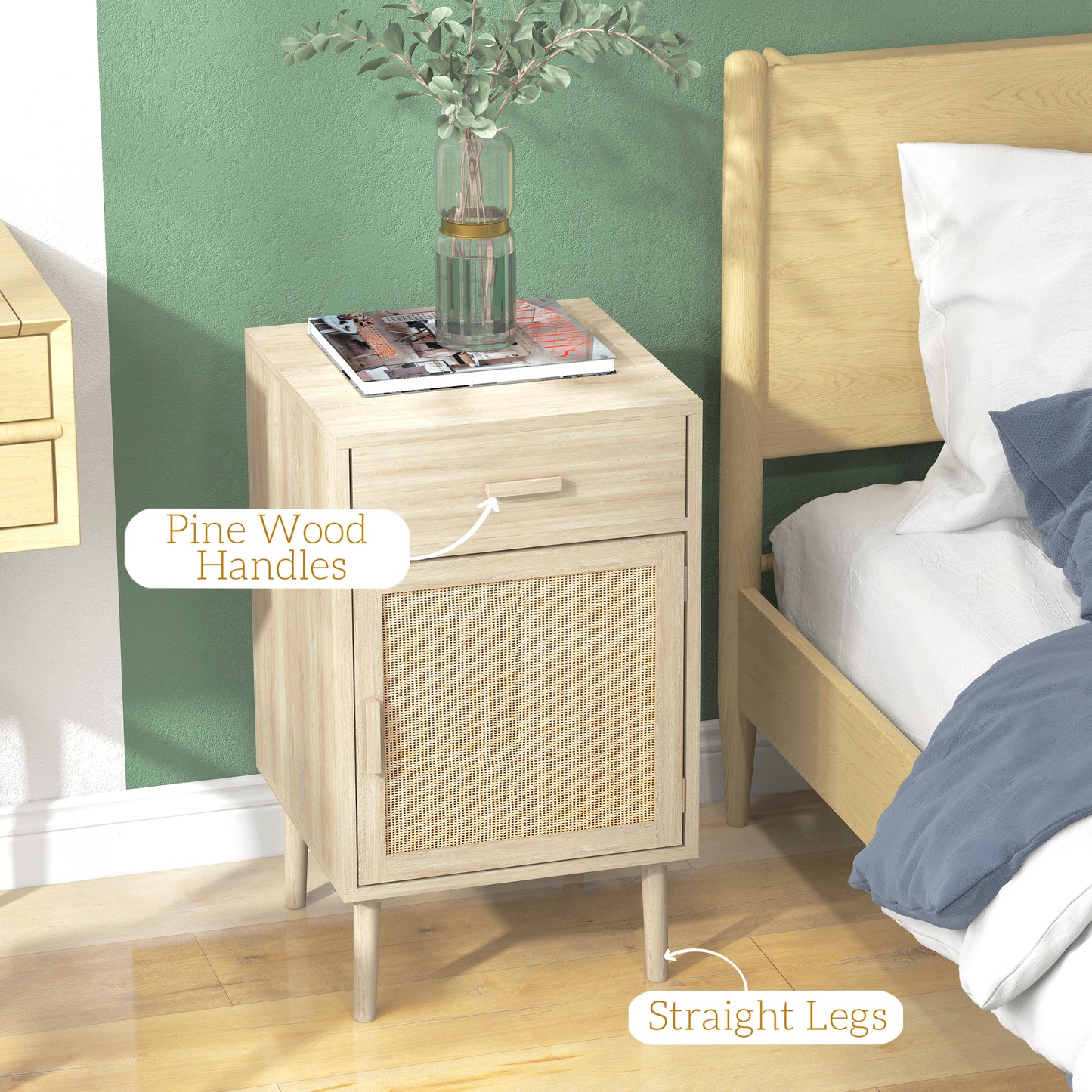 Boho Nightstands with Rattan Cabinet and Adjustable Shelf, Oak (Set of 2)
