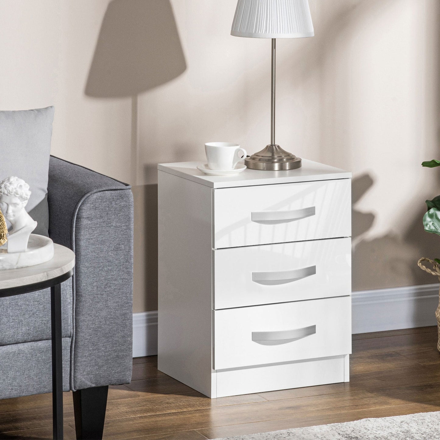 Modern High Gloss Nightstands with 3 Drawers, White (Set of 2)