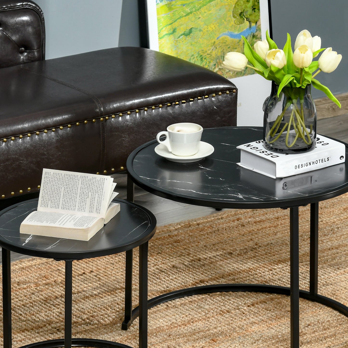 Black Round Nesting Coffee Tables with Faux Marble Top