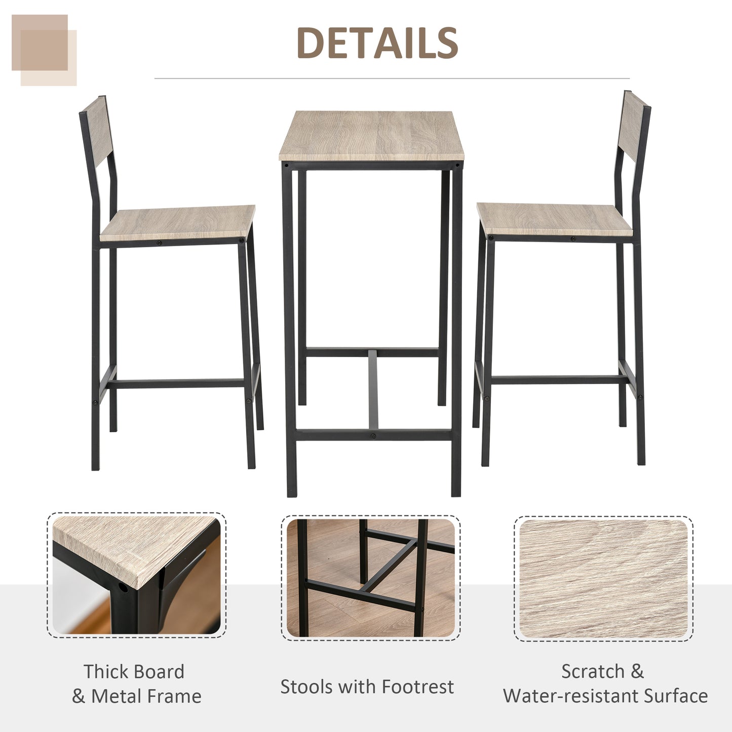 3-Piece Industrial Counter Height Table Set with High Back Stools - Natural Wood