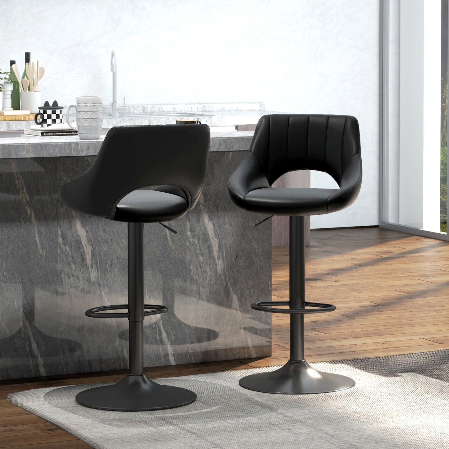 Adjustable Height Swivel Bar Stools with Faux Leather Upholstery, Black (Set of 2)