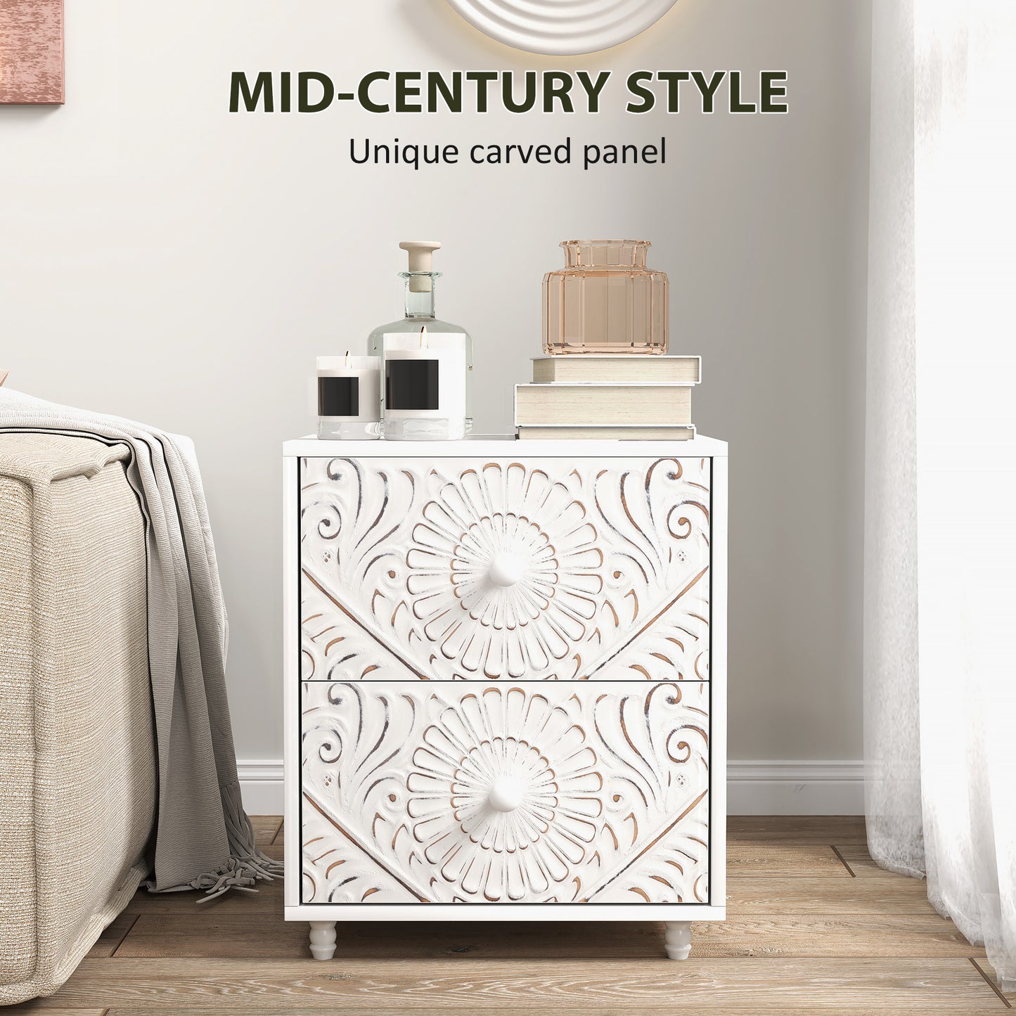 Mid-Century Nightstand with Unique Carved Details and 2 Drawers, White