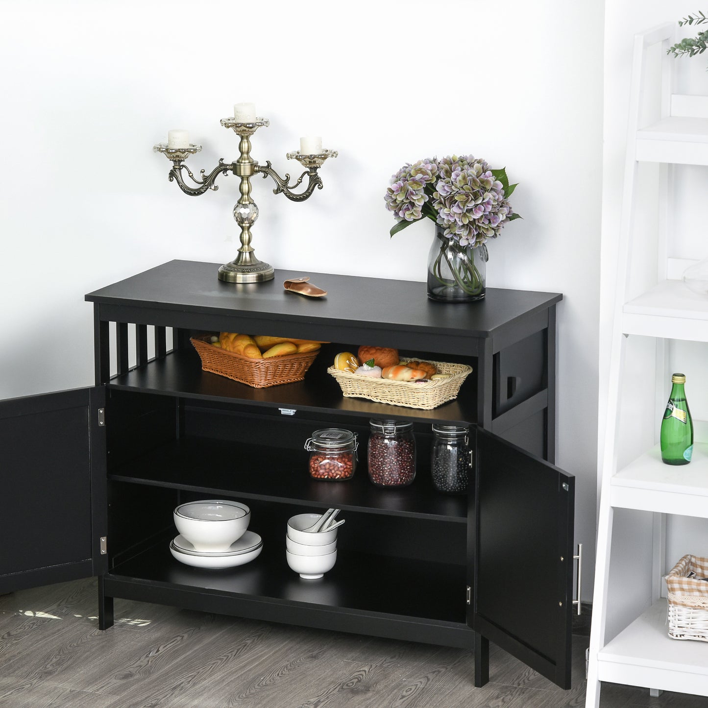 39" Wooden Console Table with Cabinet and Open Shelf, Black