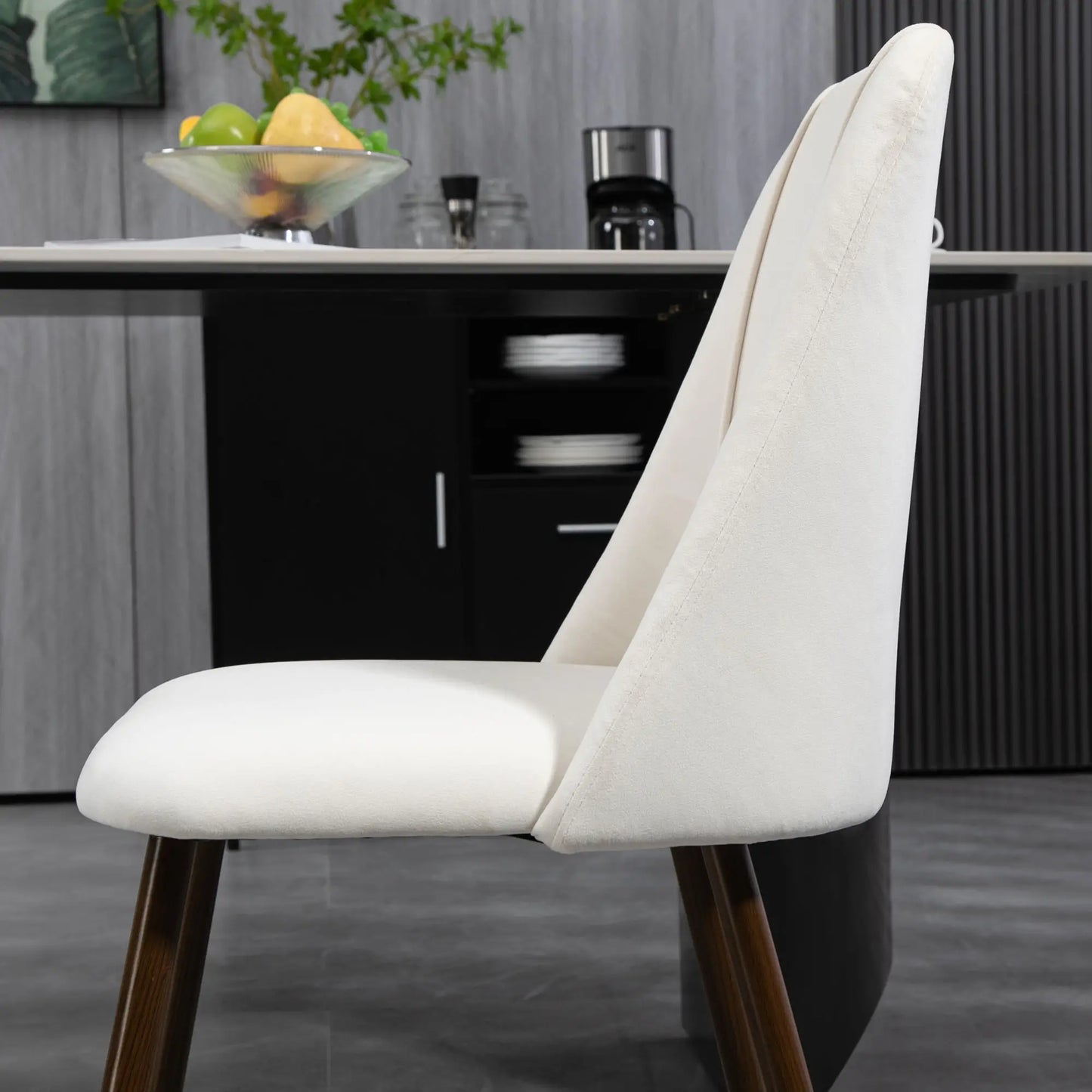 Velvet Upholstered Dining Chairs with Wood Grain Steel Legs, Cream White (Set of 4)