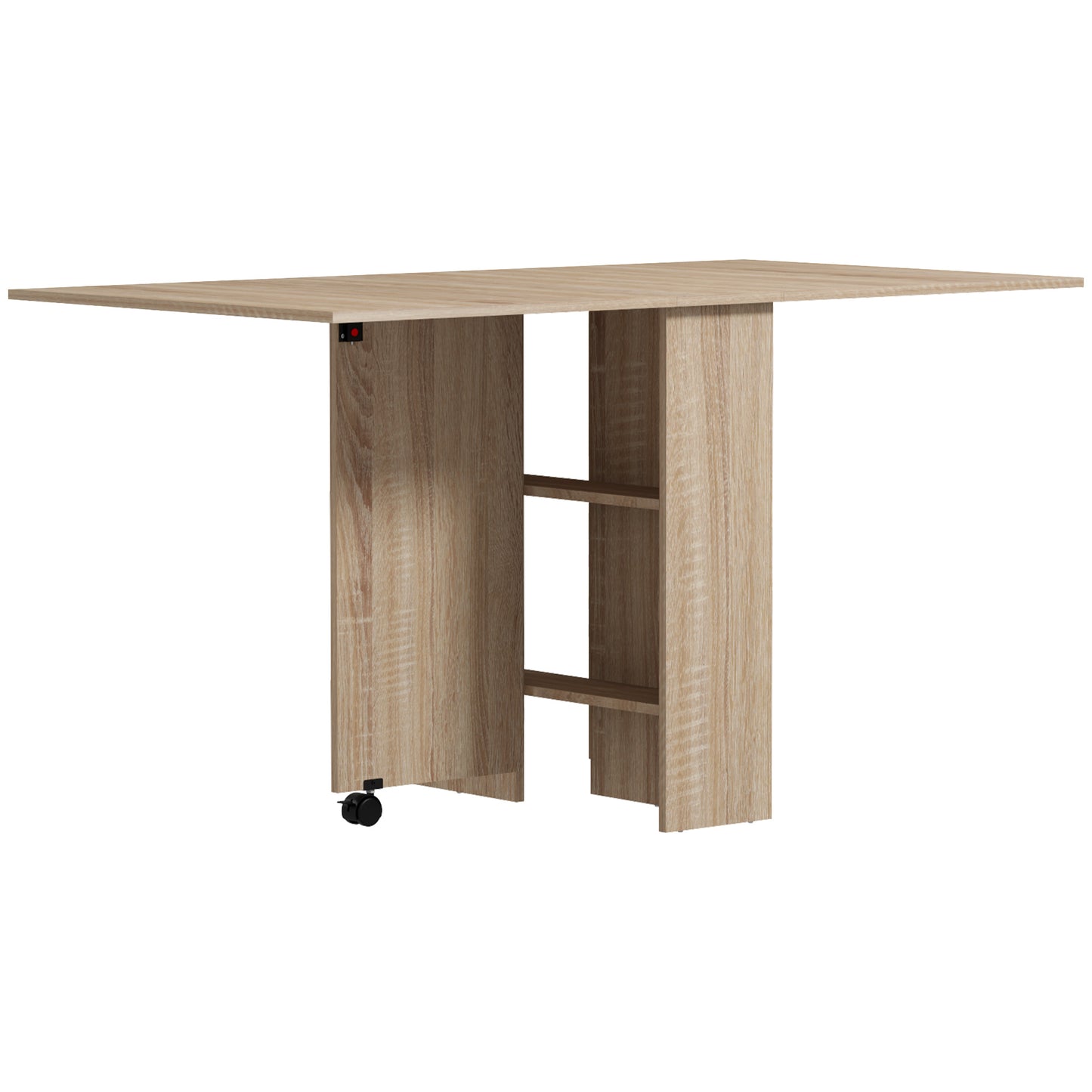 Extendable Dining Table with Storage Shelves and Rolling Wheels - Natural Wood