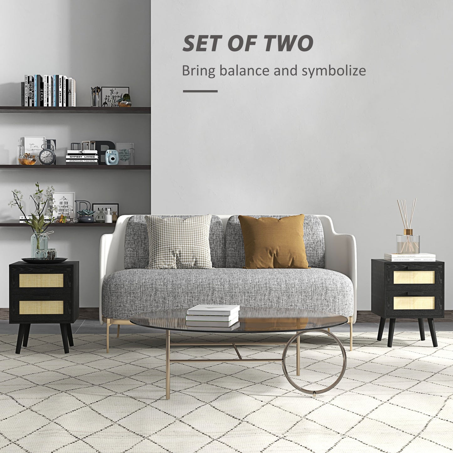 Boho Nightstands with Woven Rattan Drawers, Black (Set of 2)