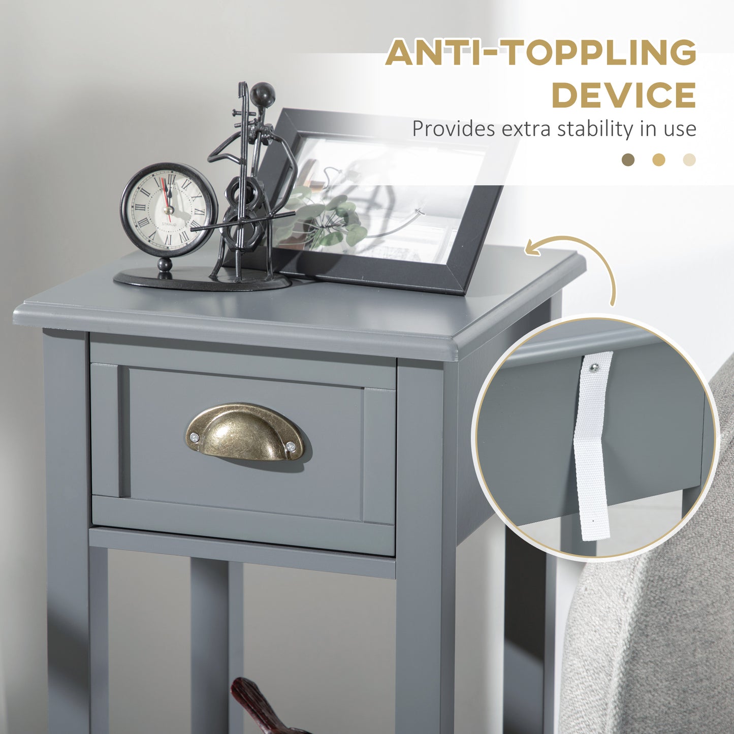 Narrow Tall Side Tables with Drawer and Shelf, Gray (Set of 2)