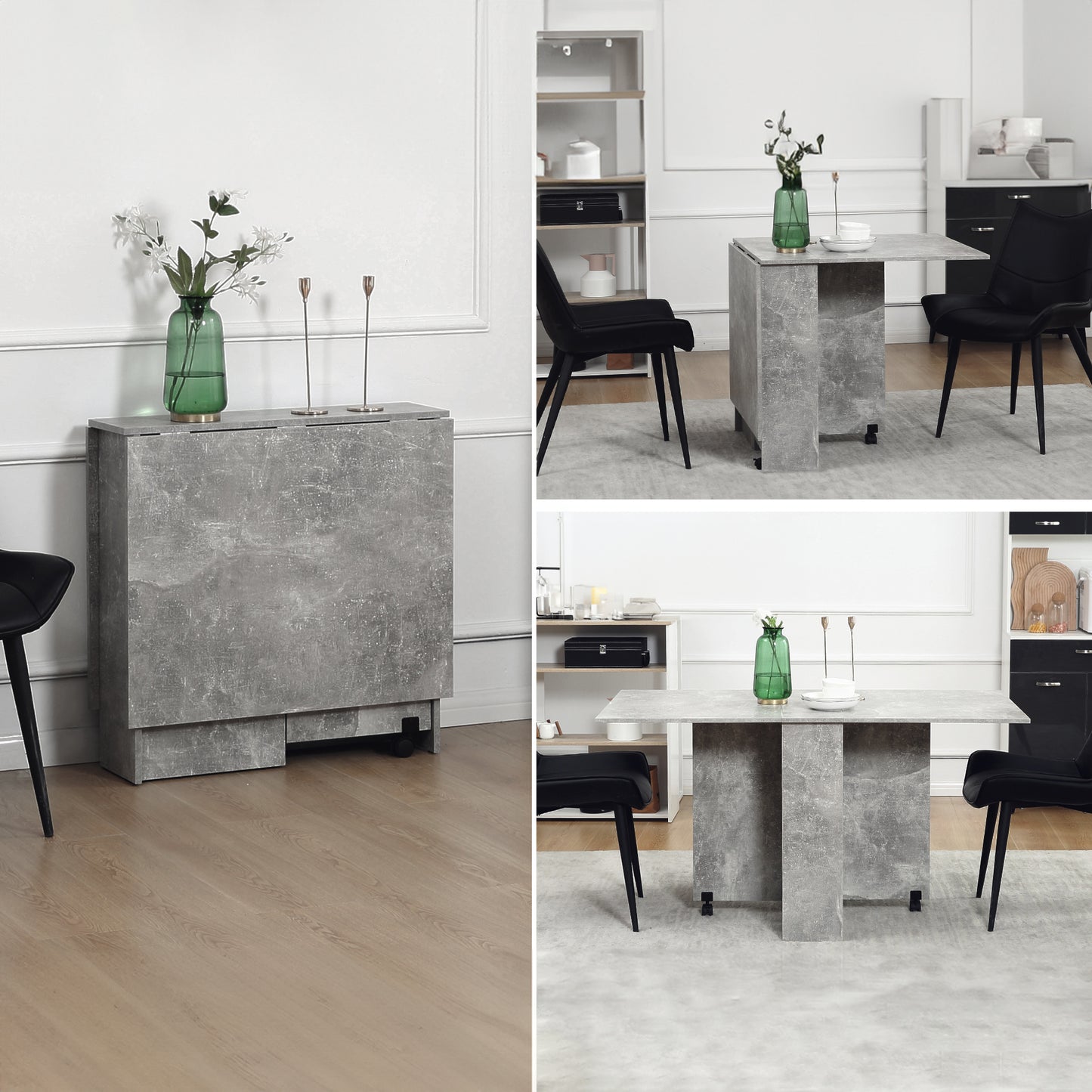 Grey Folding Dining Table with Shelves and Casters