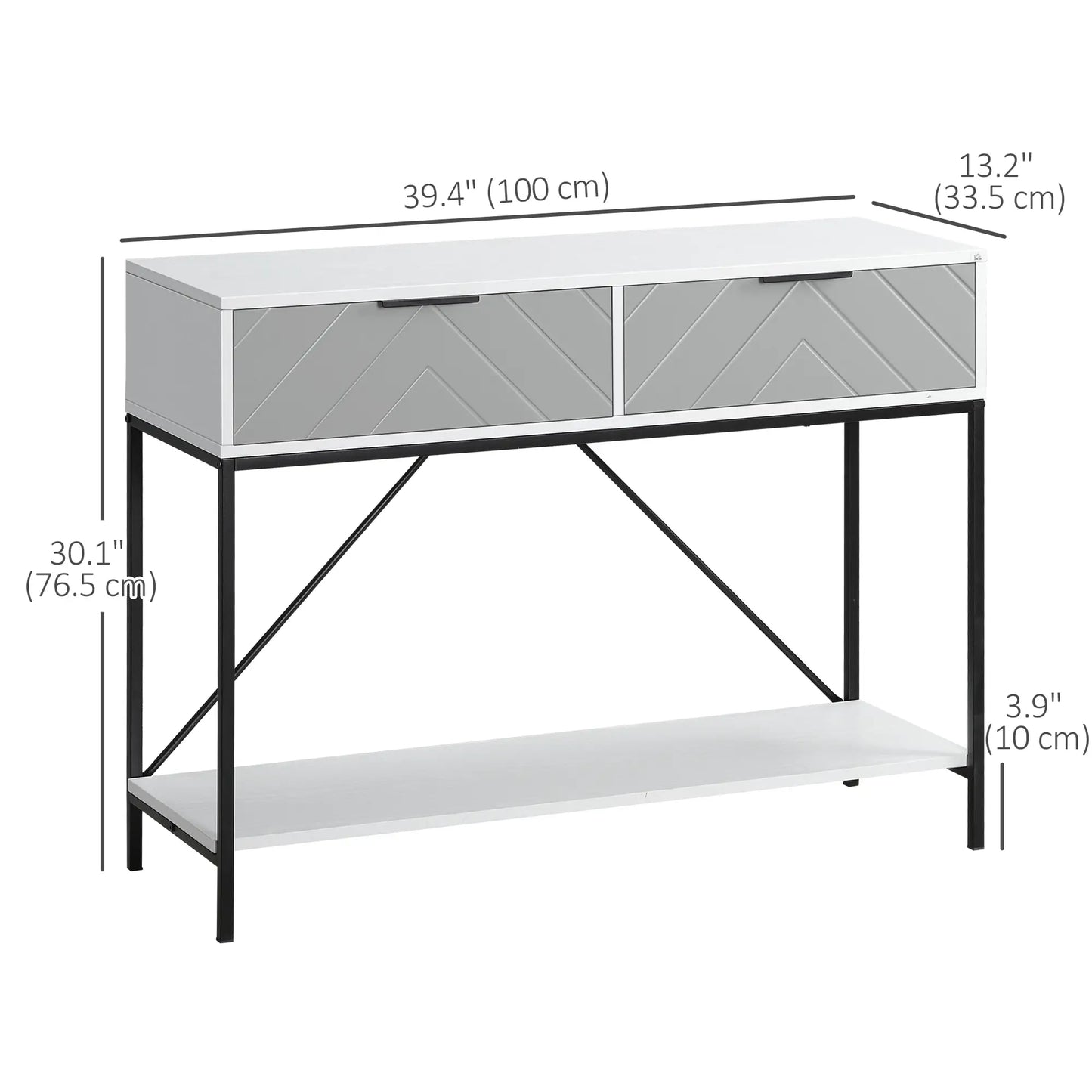 39" Modern Console Table with Herringbone Pattern Drawers, White
