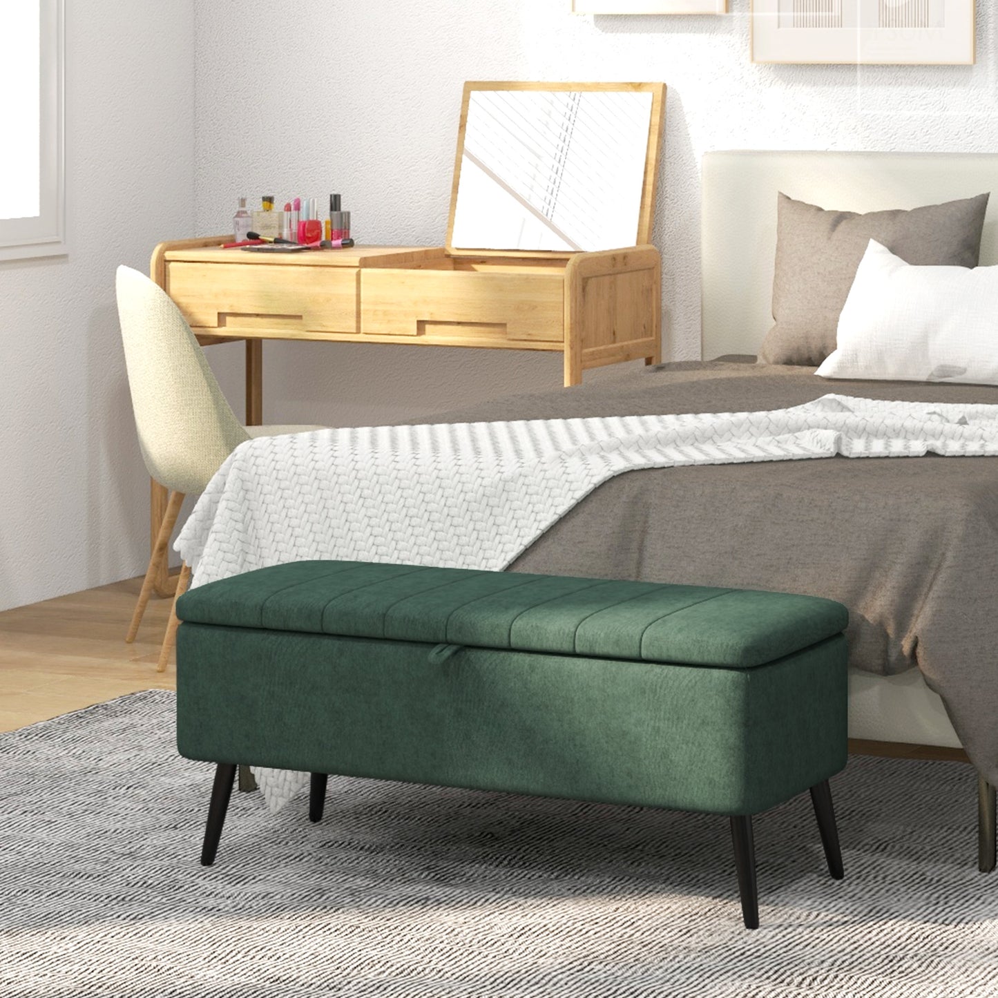 40" Linen Storage Ottoman Bench with Steel Legs, Dark Green