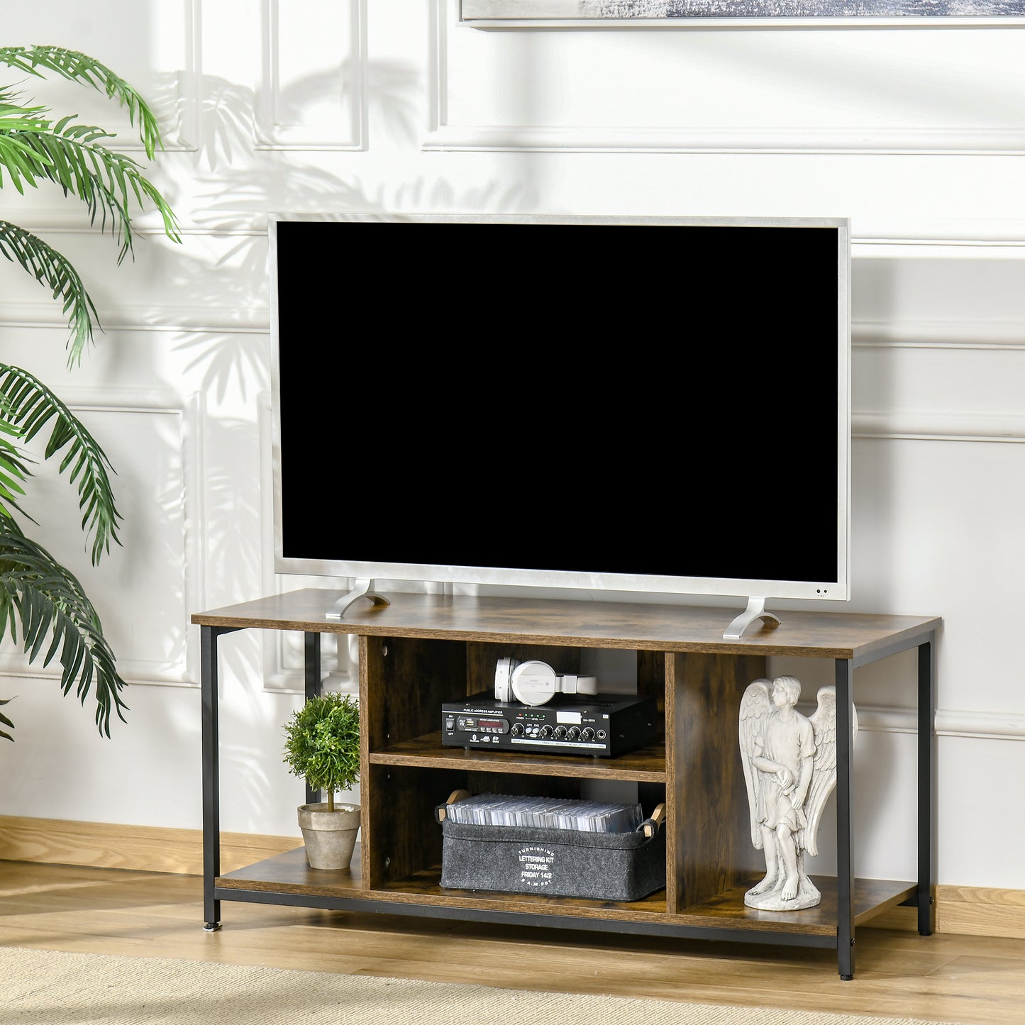 Rustic Brown TV Stand for 55" TVs with Open Storage