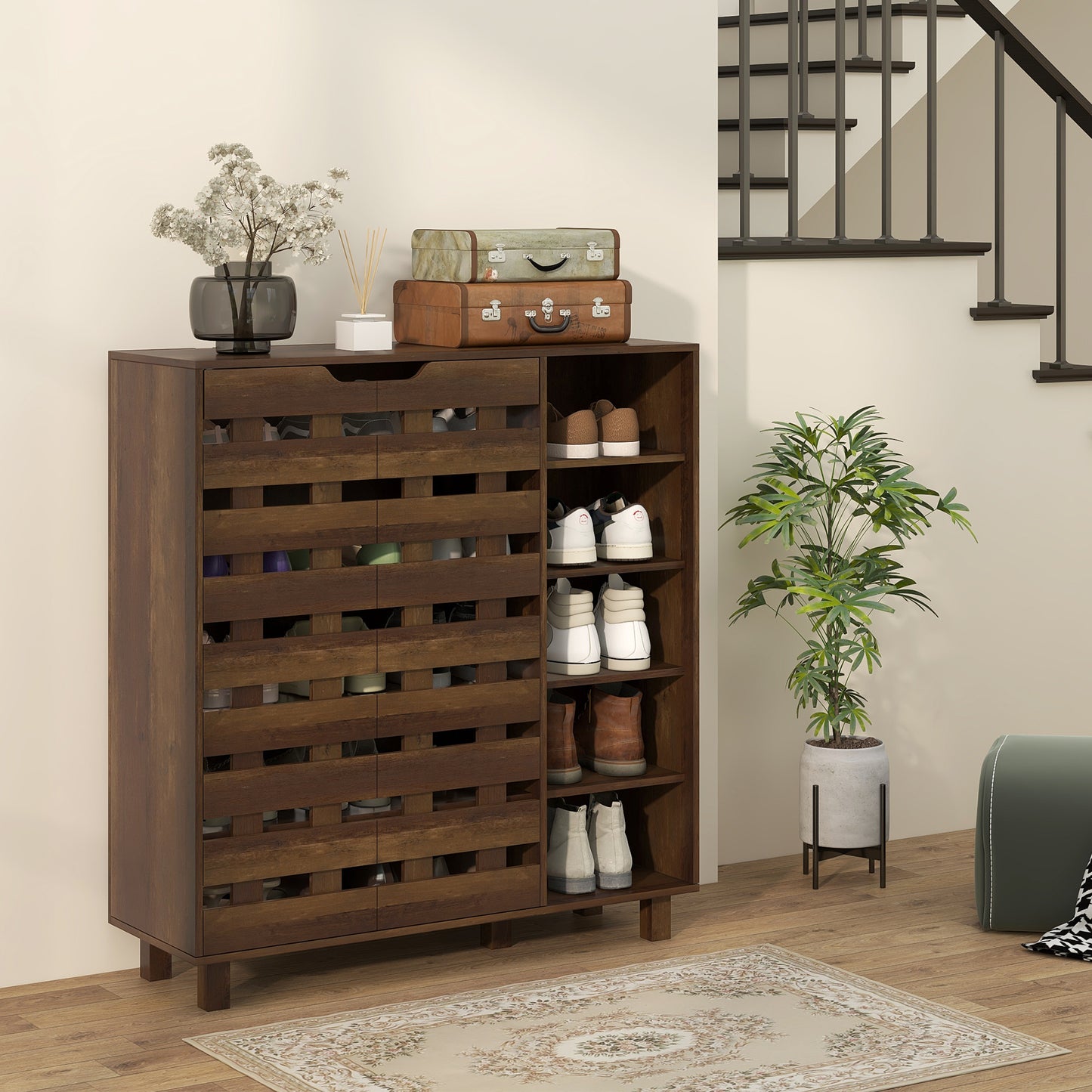 21 Pair Shoe Storage Cabinet with Double Doors and Open Shelves, Brown