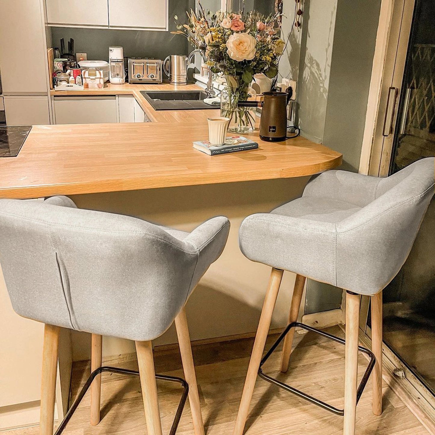 Bar Stools with Linen Fabric and Beech Wood Legs, Beige (Set of 2)