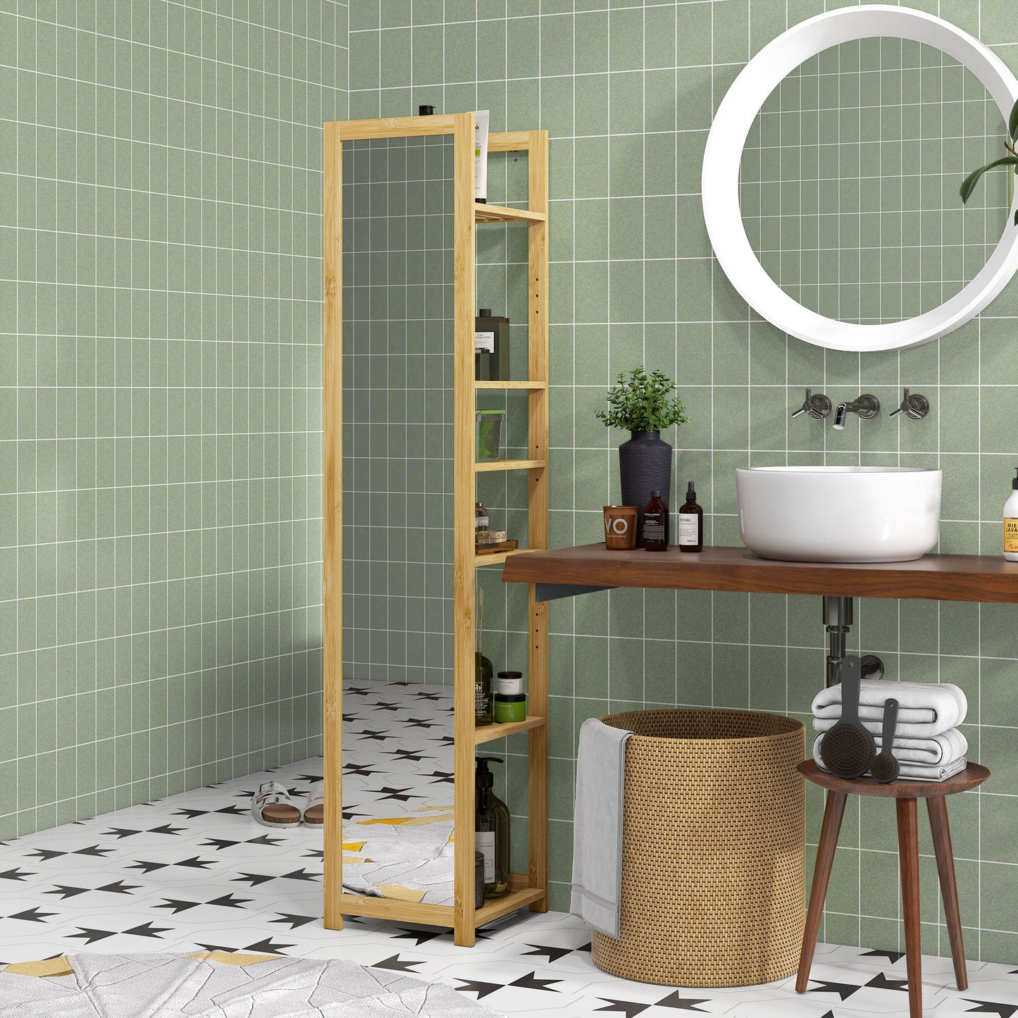 Standing Full Length Mirror with 6-Tier Storage Shelf, 66" x 14", Natural Wood