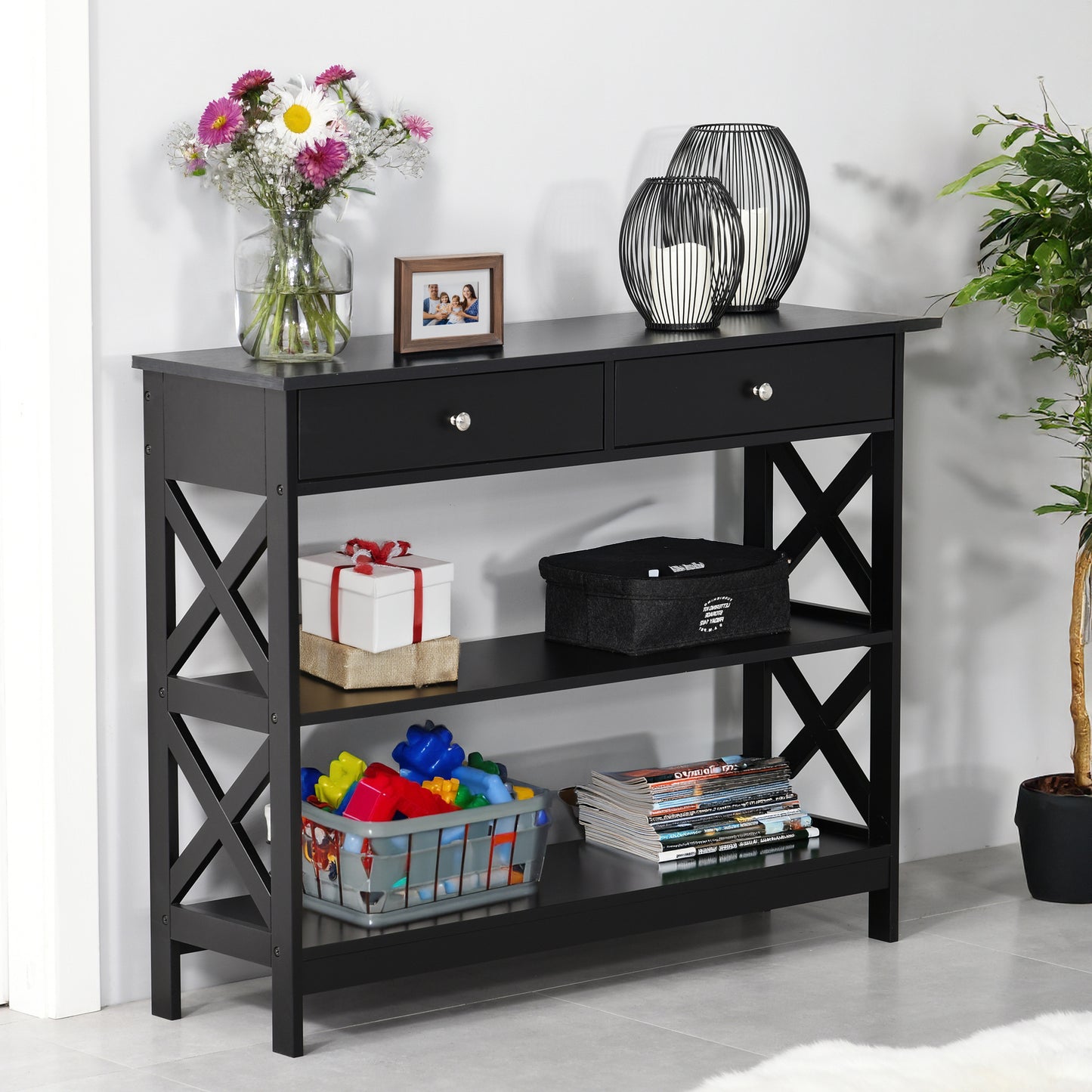 39" Console Table with X-Frame Design and Storage Drawers, Black