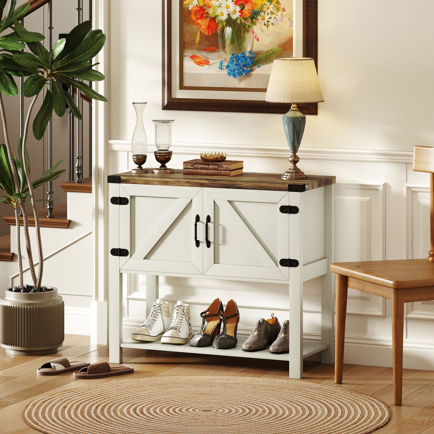 35" Farmhouse Storage Cabinet with Barn Doors and Bottom Shelf, White