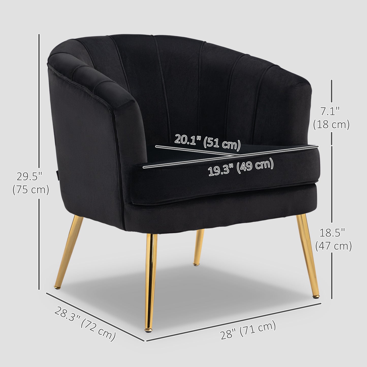 Channel-Tufted Tub Armchair with Velvet Upholstery and Gold Legs, Black