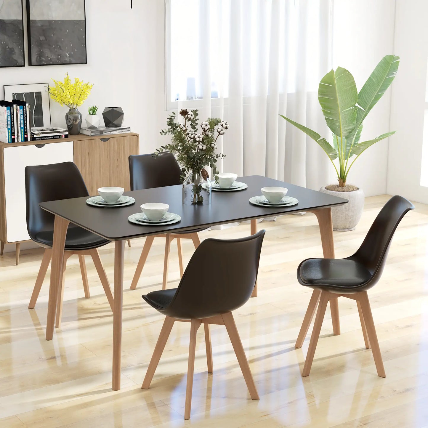 Modern Dining Chairs Set of 4 with PU Leather Cushions - Black