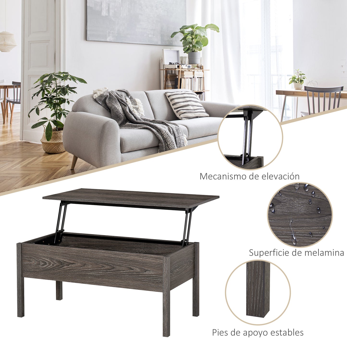 39" Lift Top Coffee Table with Hidden Storage, Gray