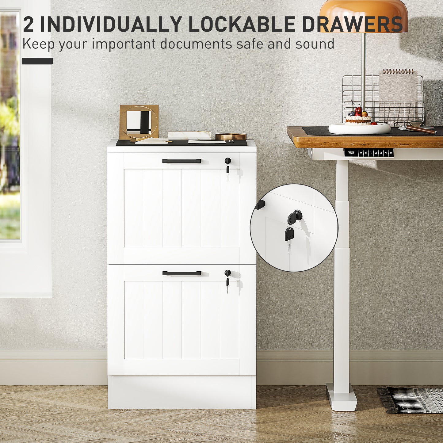 2-Drawer Locking File Cabinet with Adjustable Hanging Bars - White