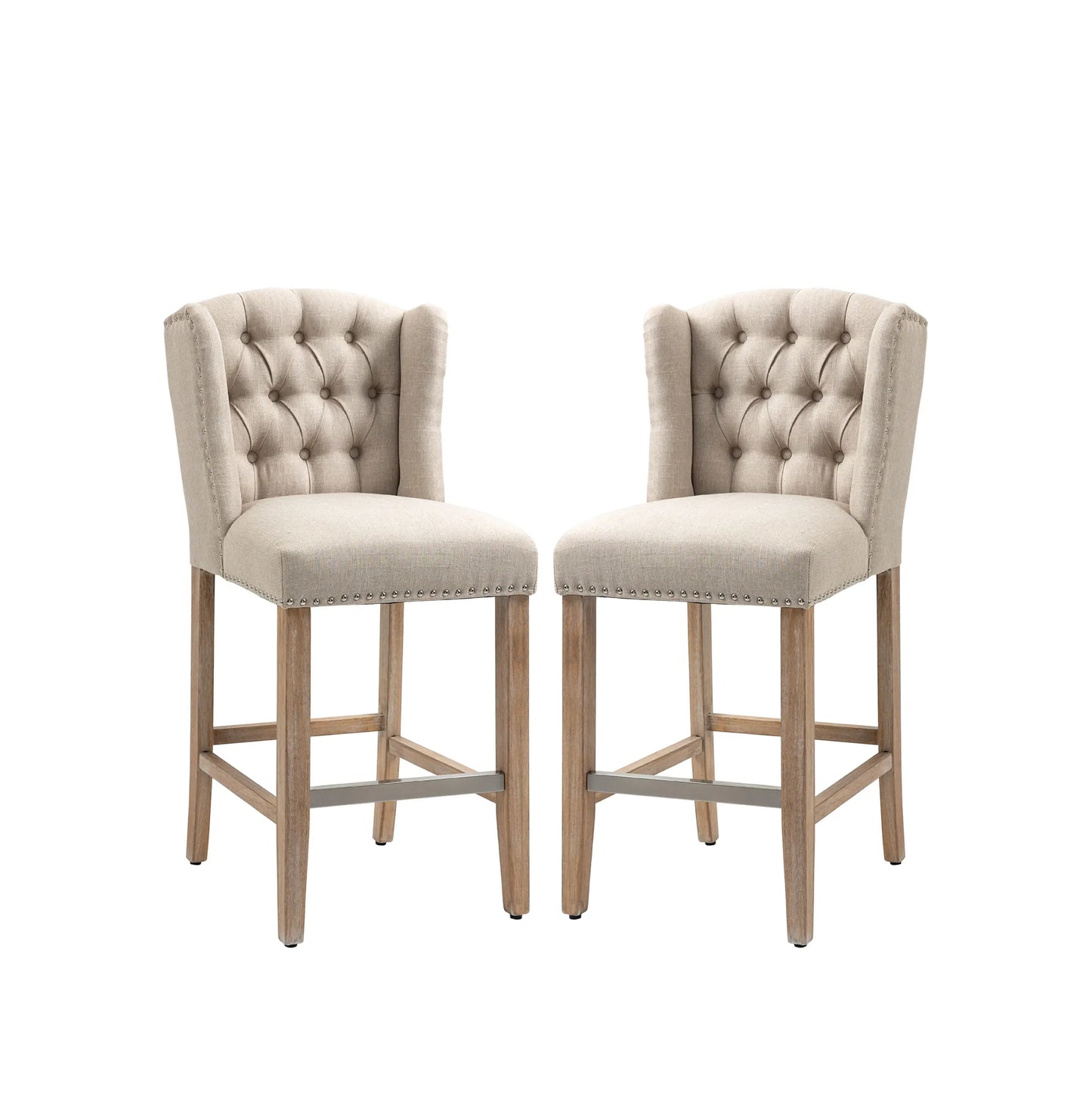 Upholstered Bar Stools with Tufted Nailhead Trim and Wood Legs, Beige (Set of 2)
