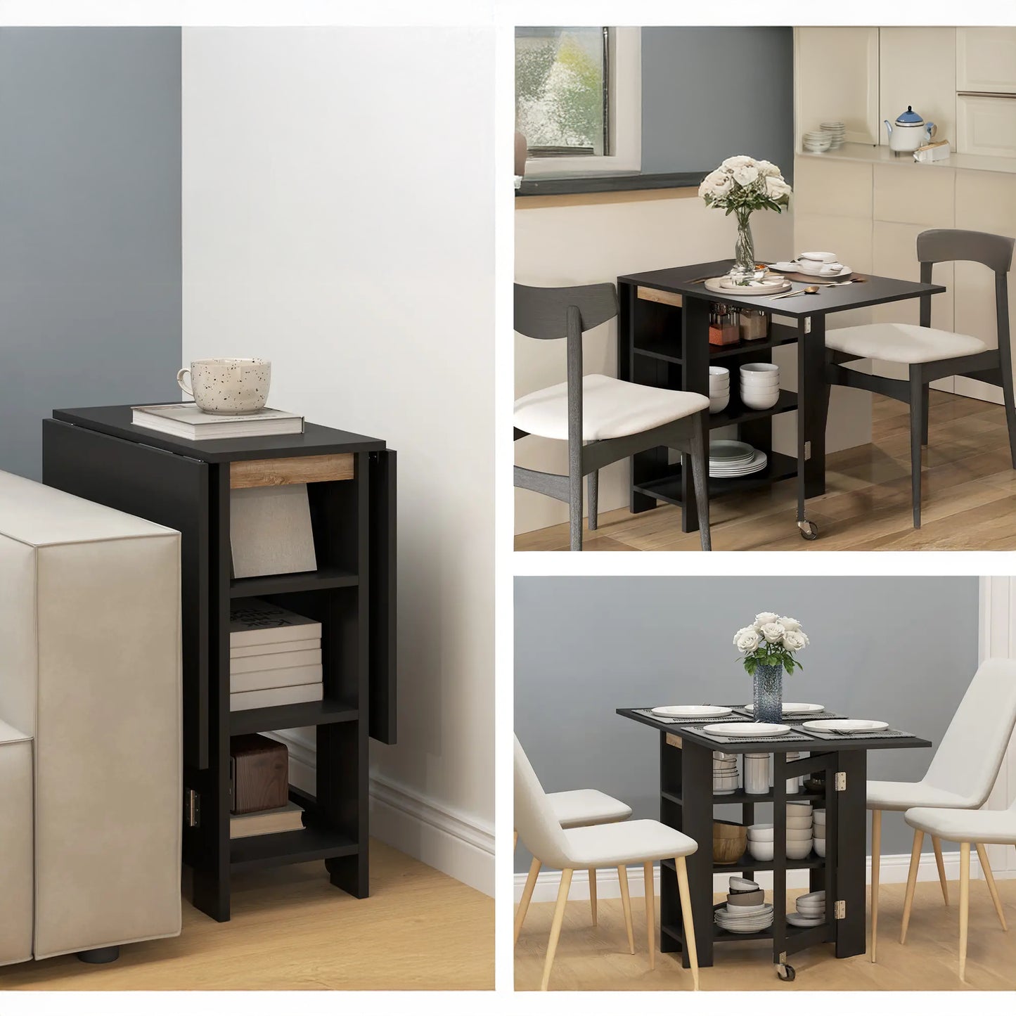 Folding Dining Table with Built-In Storage Shelves - Black