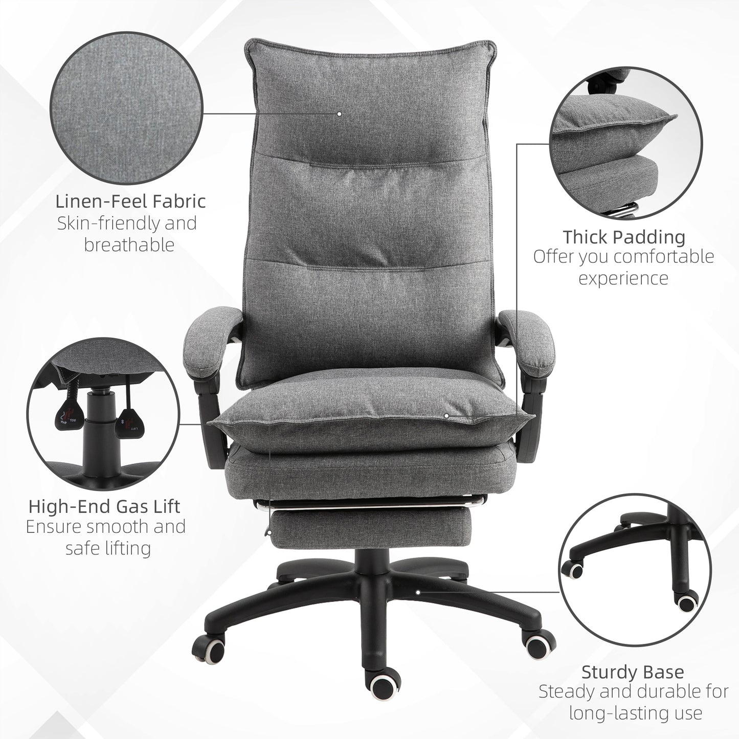 Ergonomic Reclining Office Chair with Double Padding and Footrest, Gray