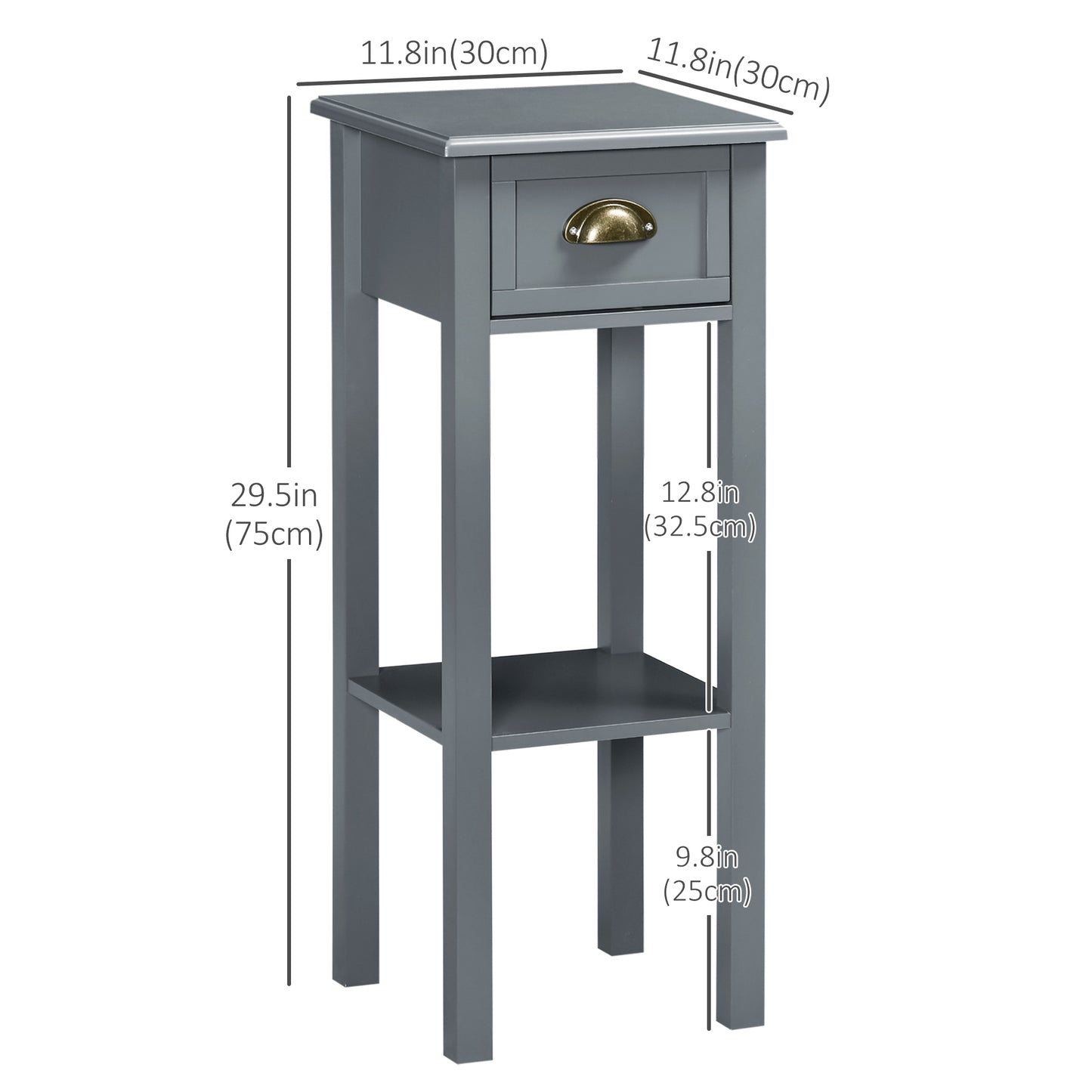 Narrow Tall Side Tables with Drawer and Shelf, Gray (Set of 2)