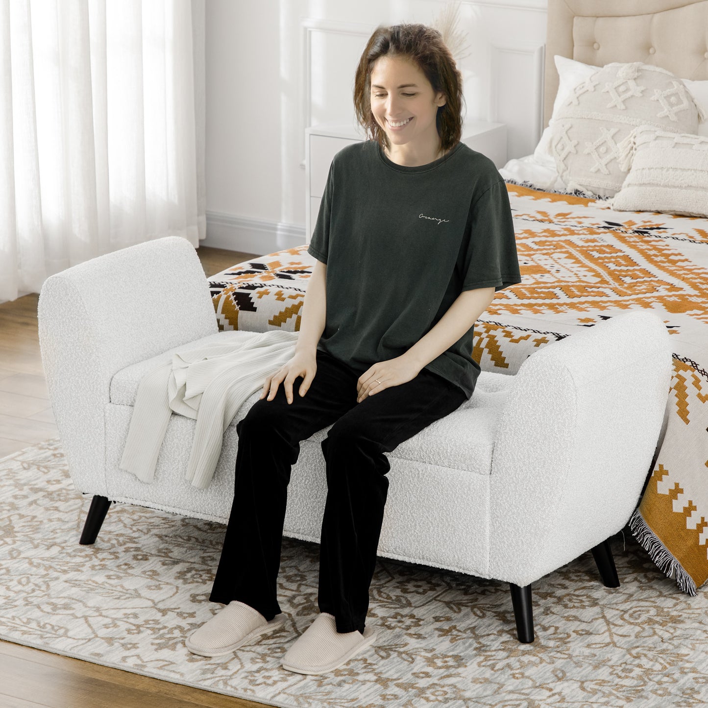 Upholstered Storage Bench with Arms, Light Gray