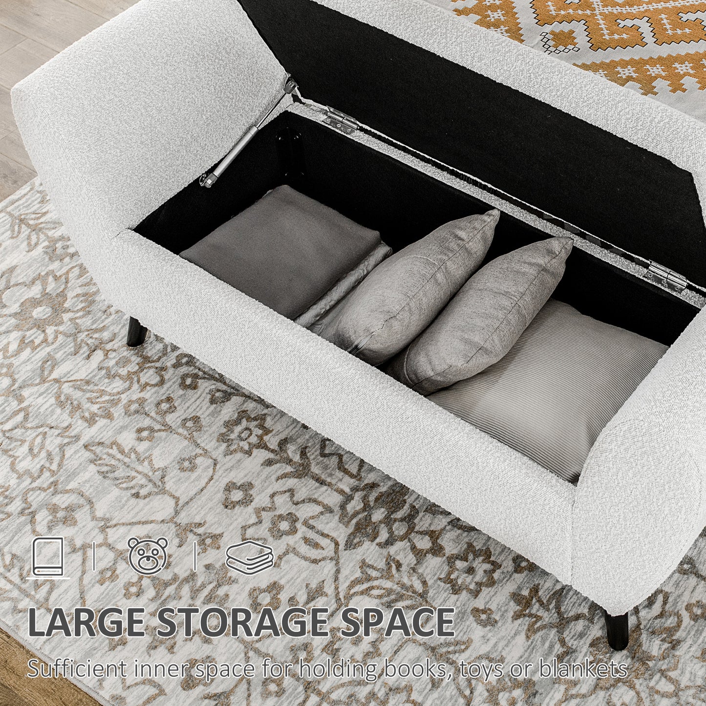 Upholstered Storage Bench with Arms, Light Gray
